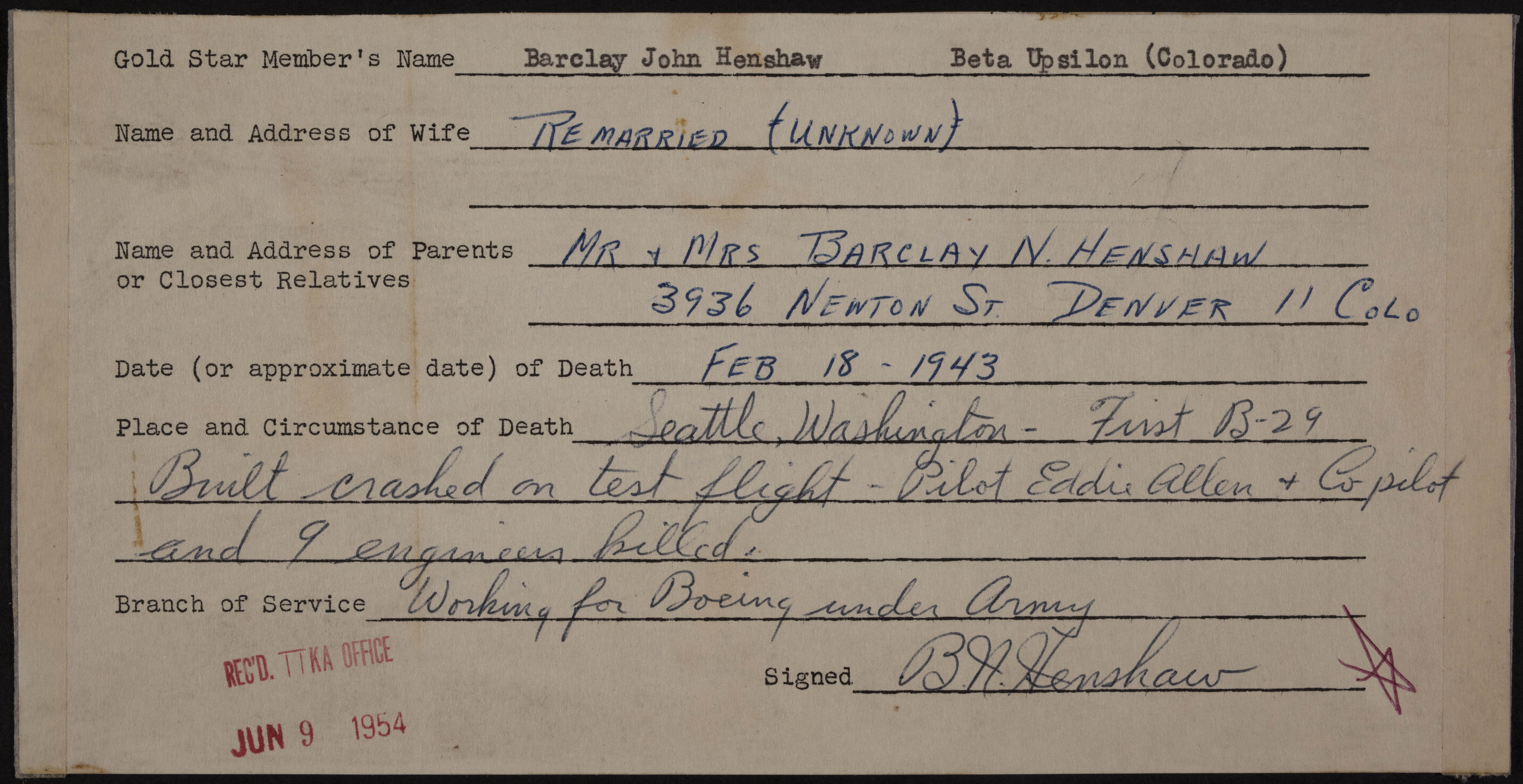 Barclay John Henshaw War Record Form, June 9, 1954