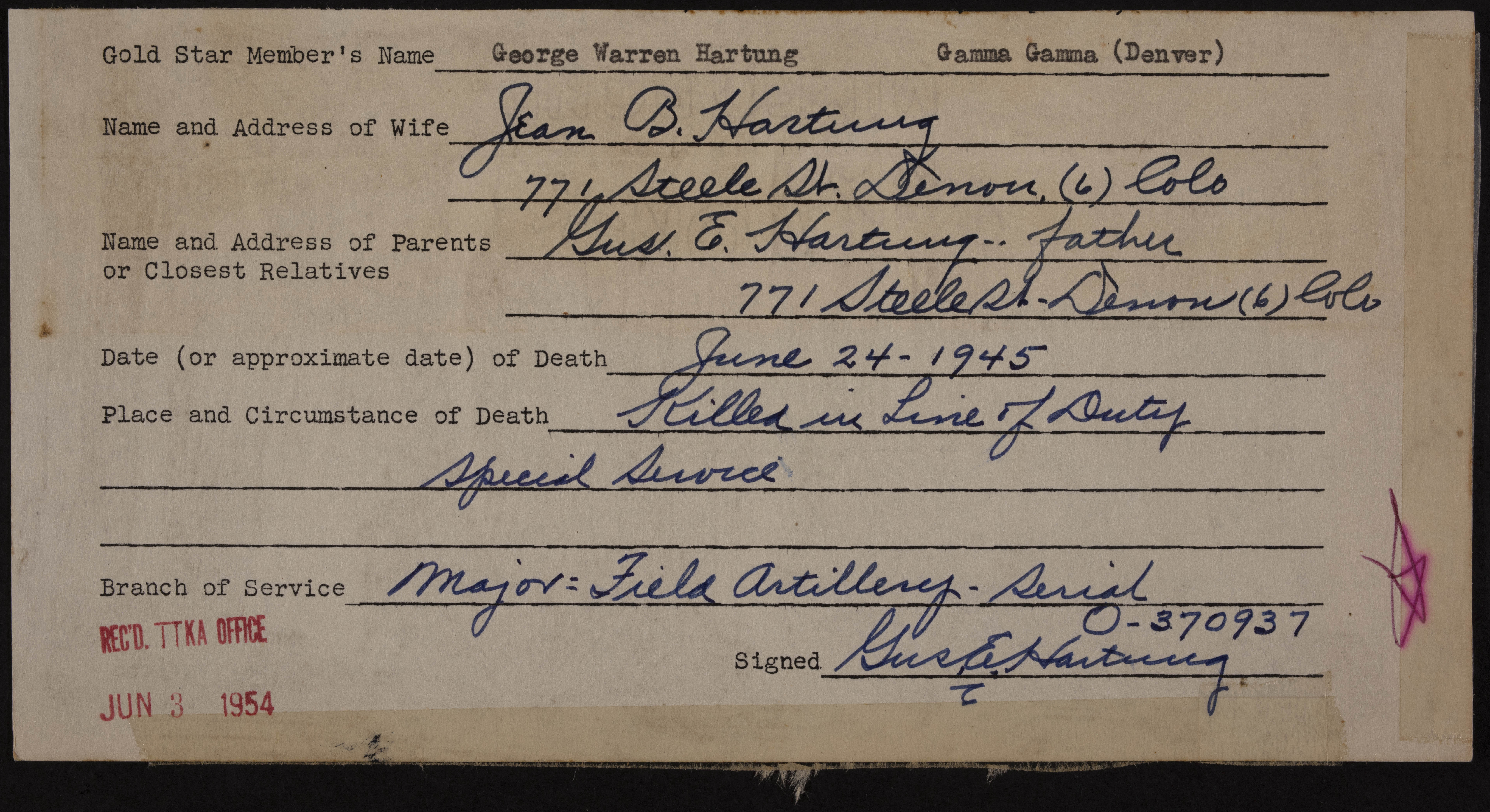 George Warren Hartung War Record Form, June 3, 1954
