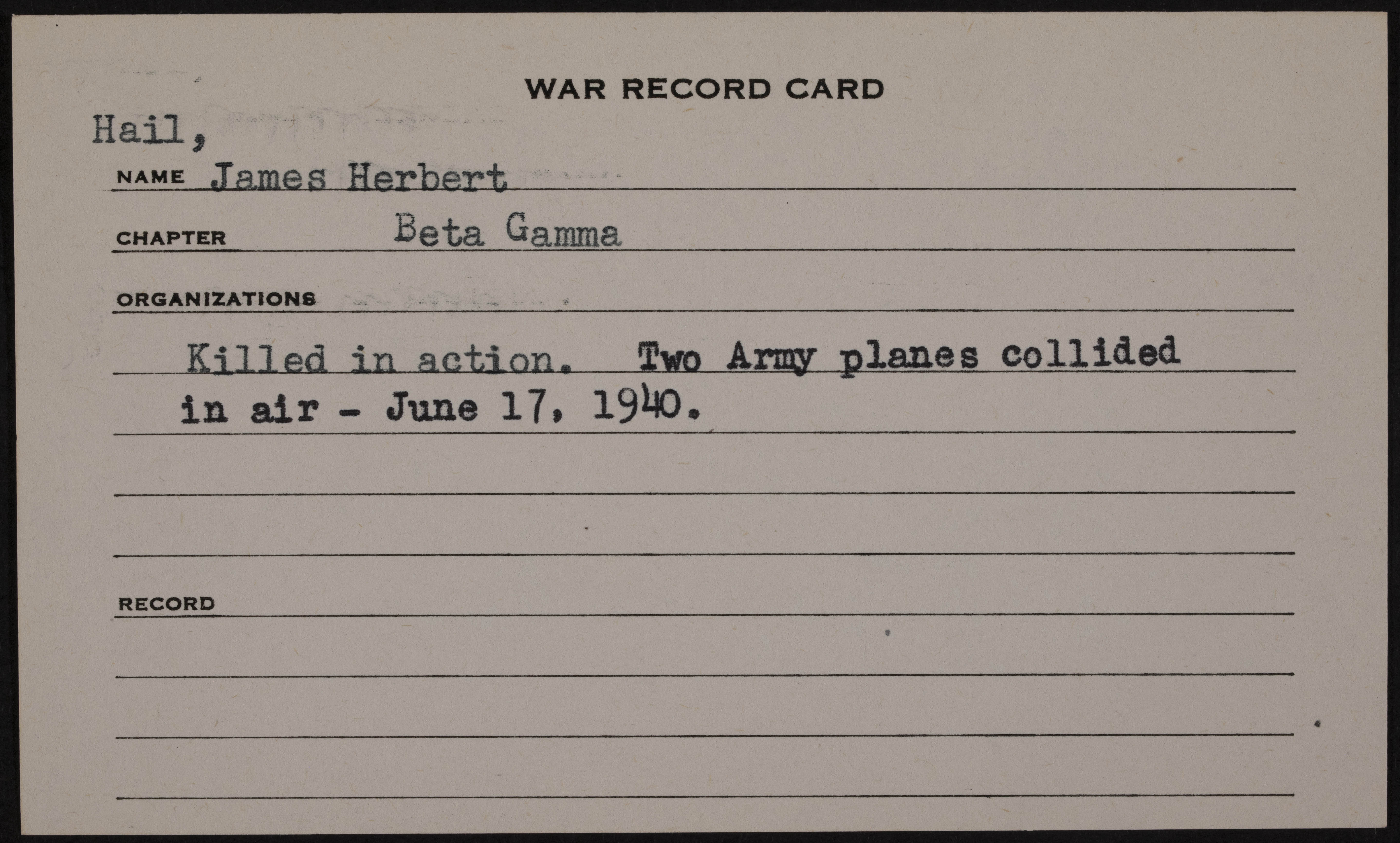 James Herbert Hail War Record Card