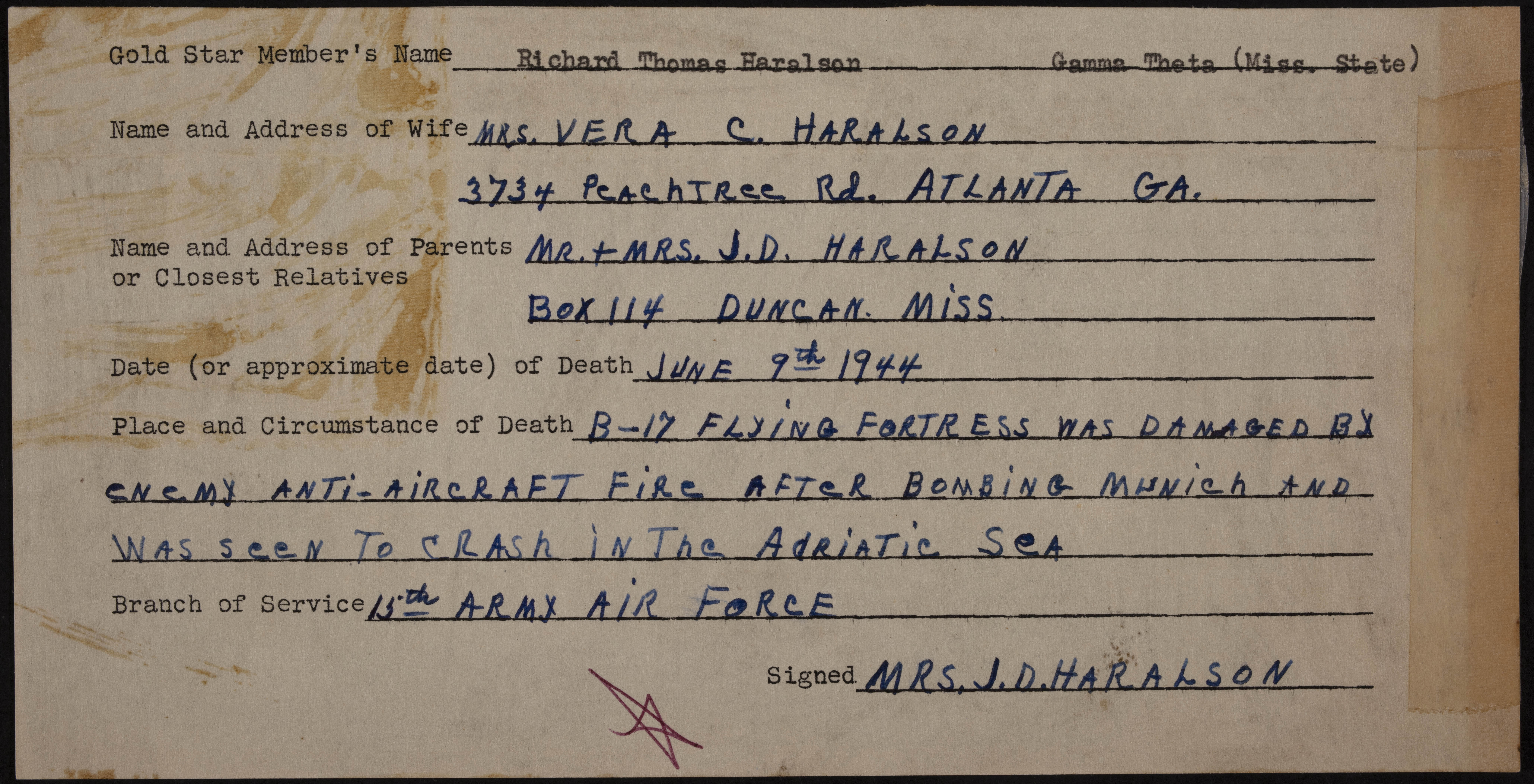 Richard Thomas Haralson War Record Form