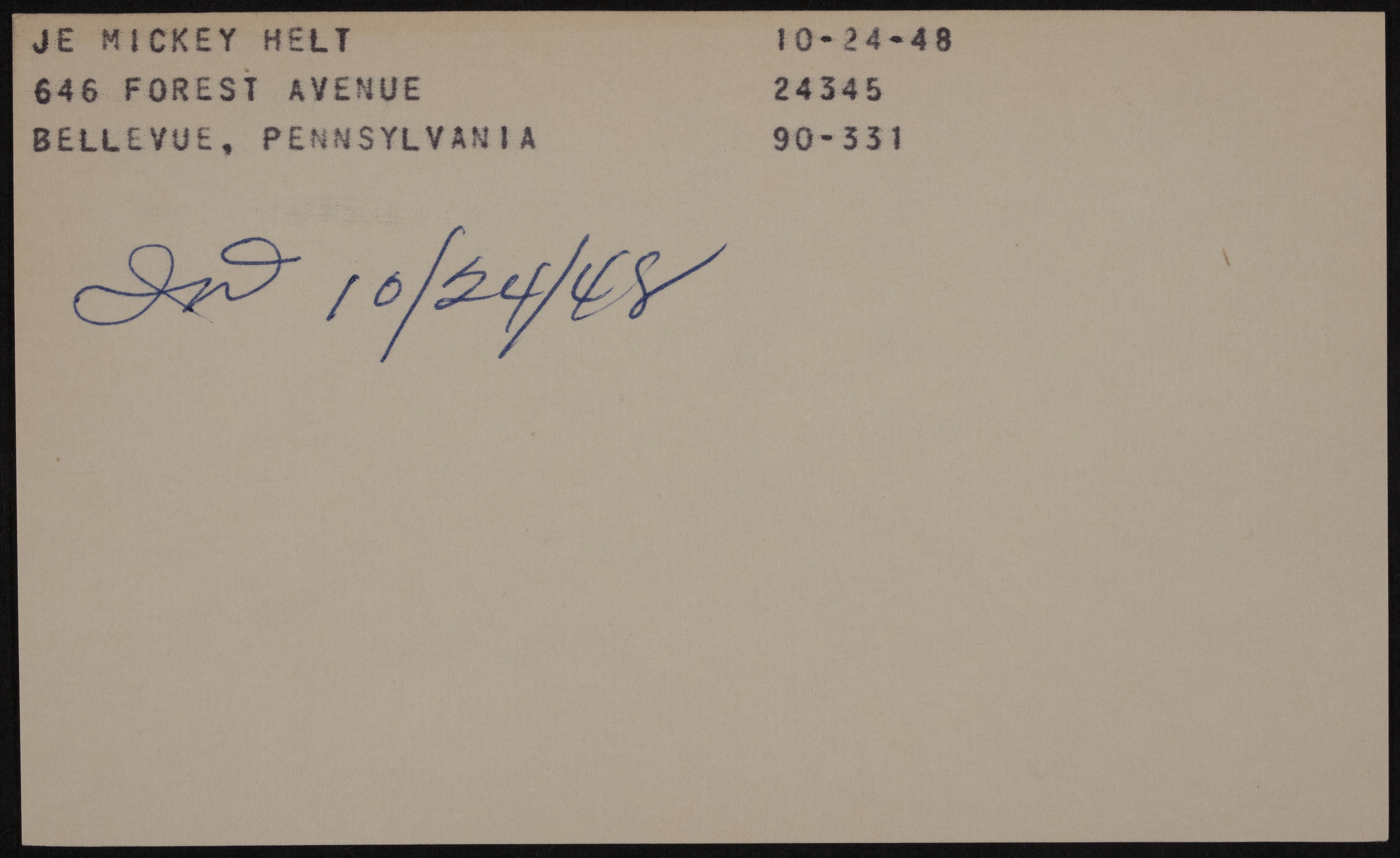 Je Mickey Helt War Record Card