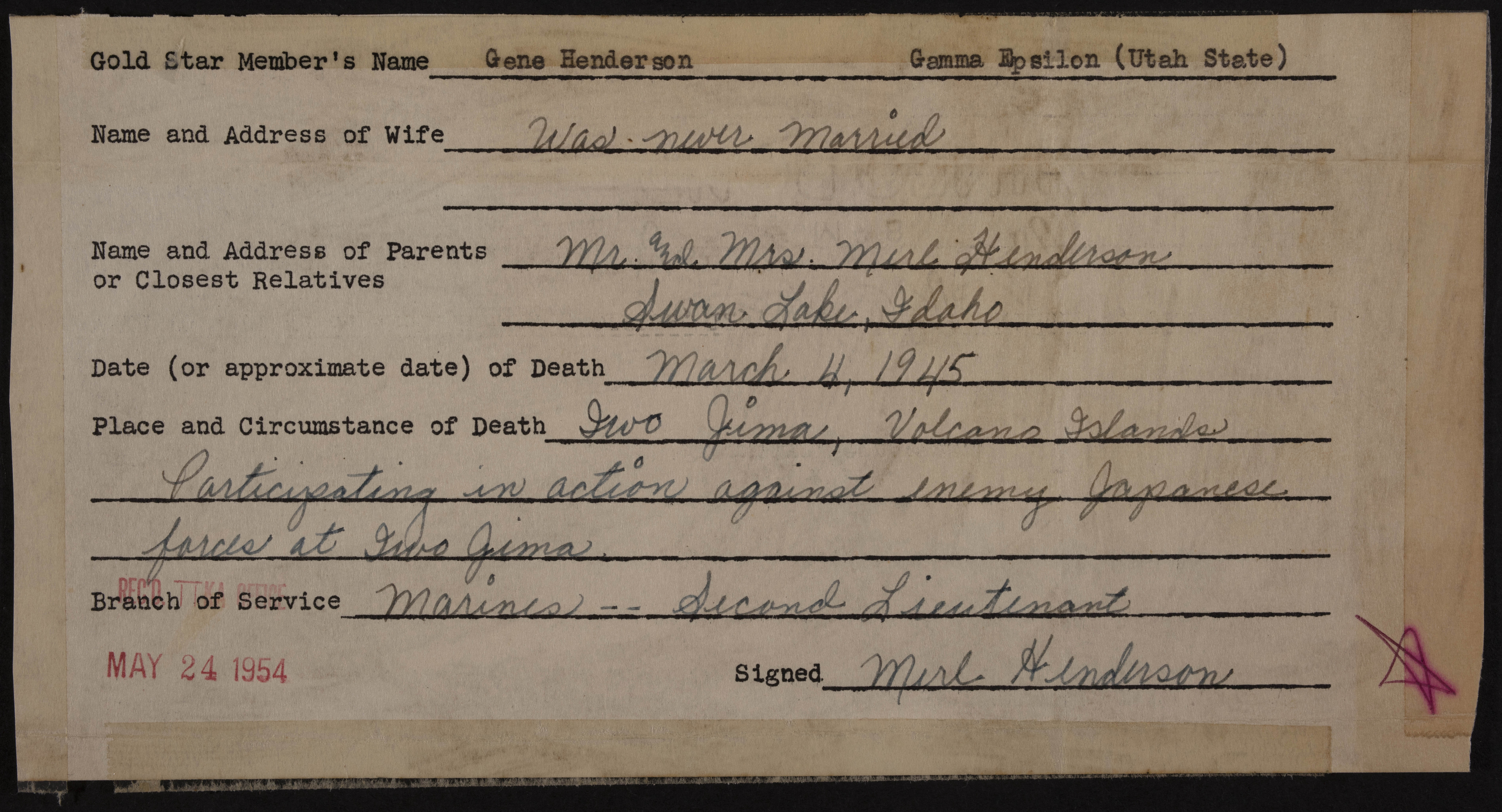 Eugene Henderson War Record Form, May 24, 1954