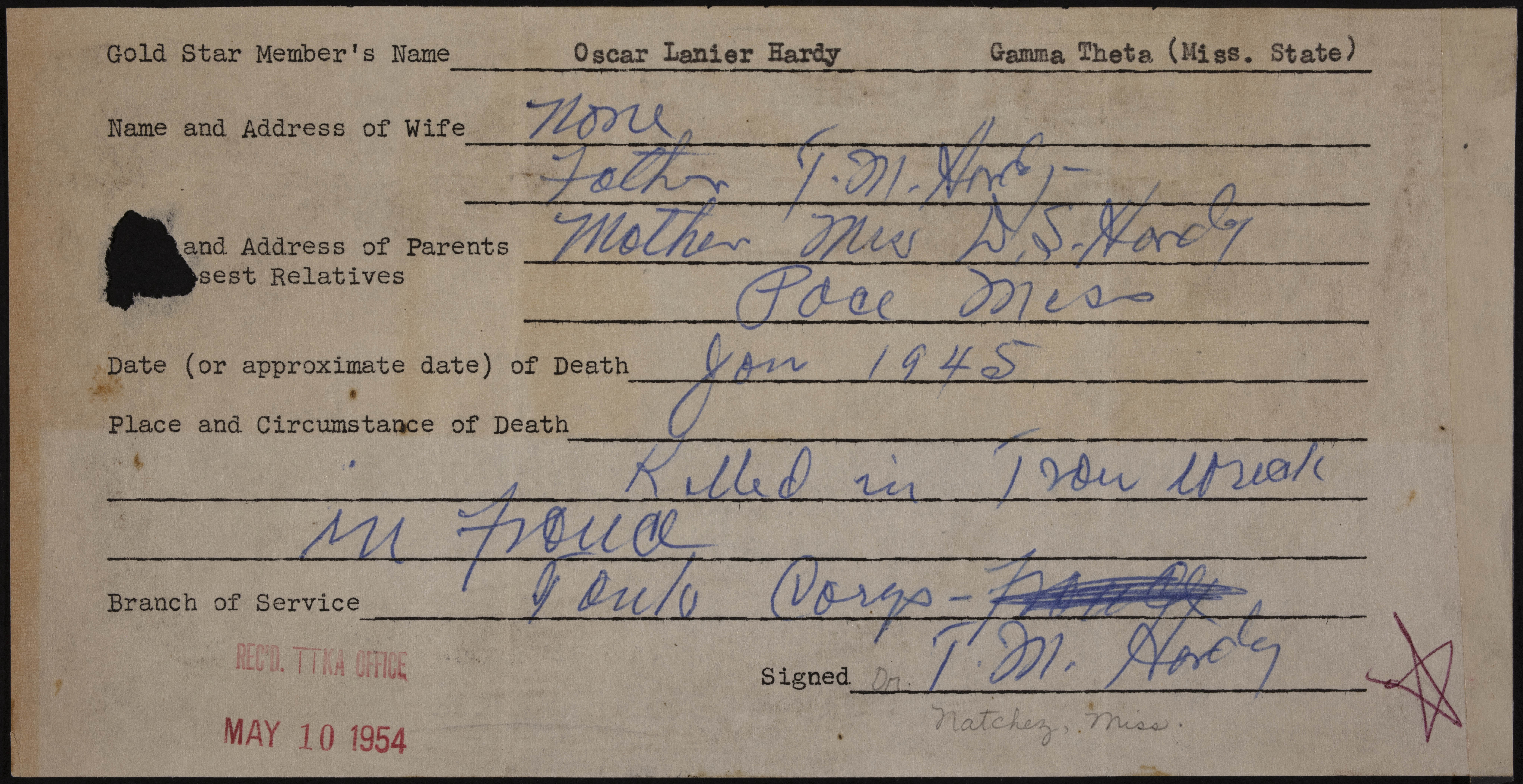 Oscar Lanier Hardy War Record Form, May 10, 1954