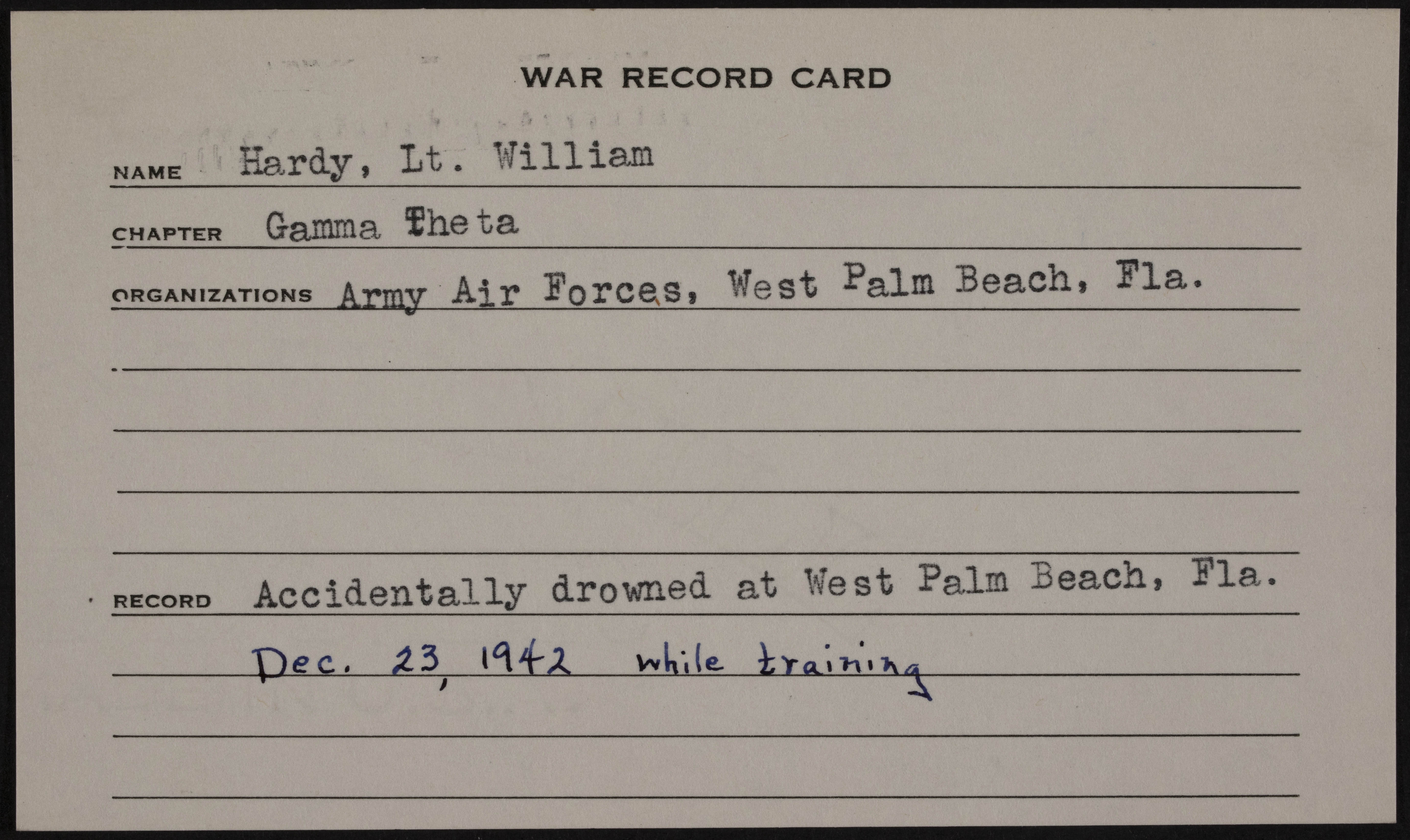 William Rutherford Hardy War Record Card