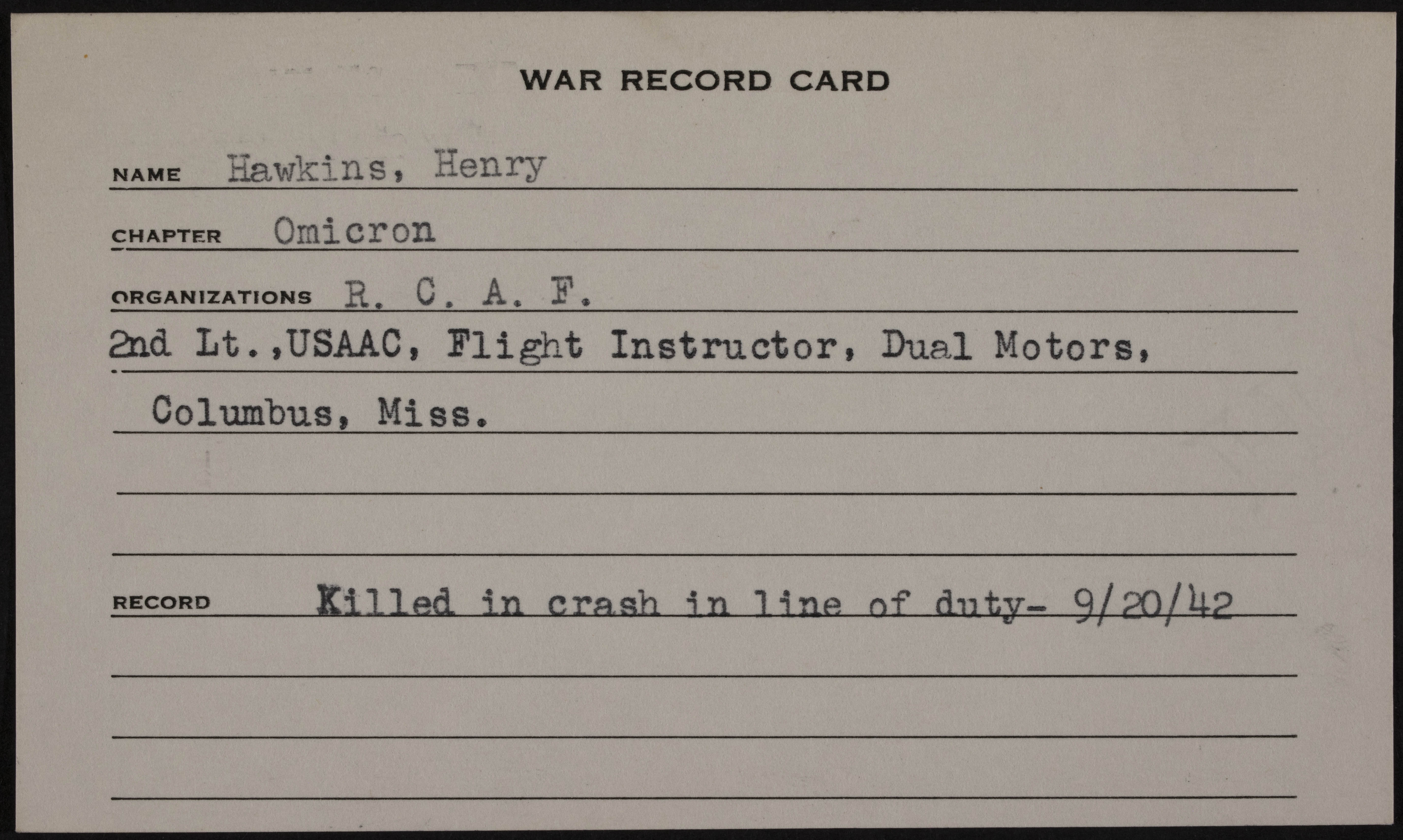 Henry Floyd Hawkins War Record Card