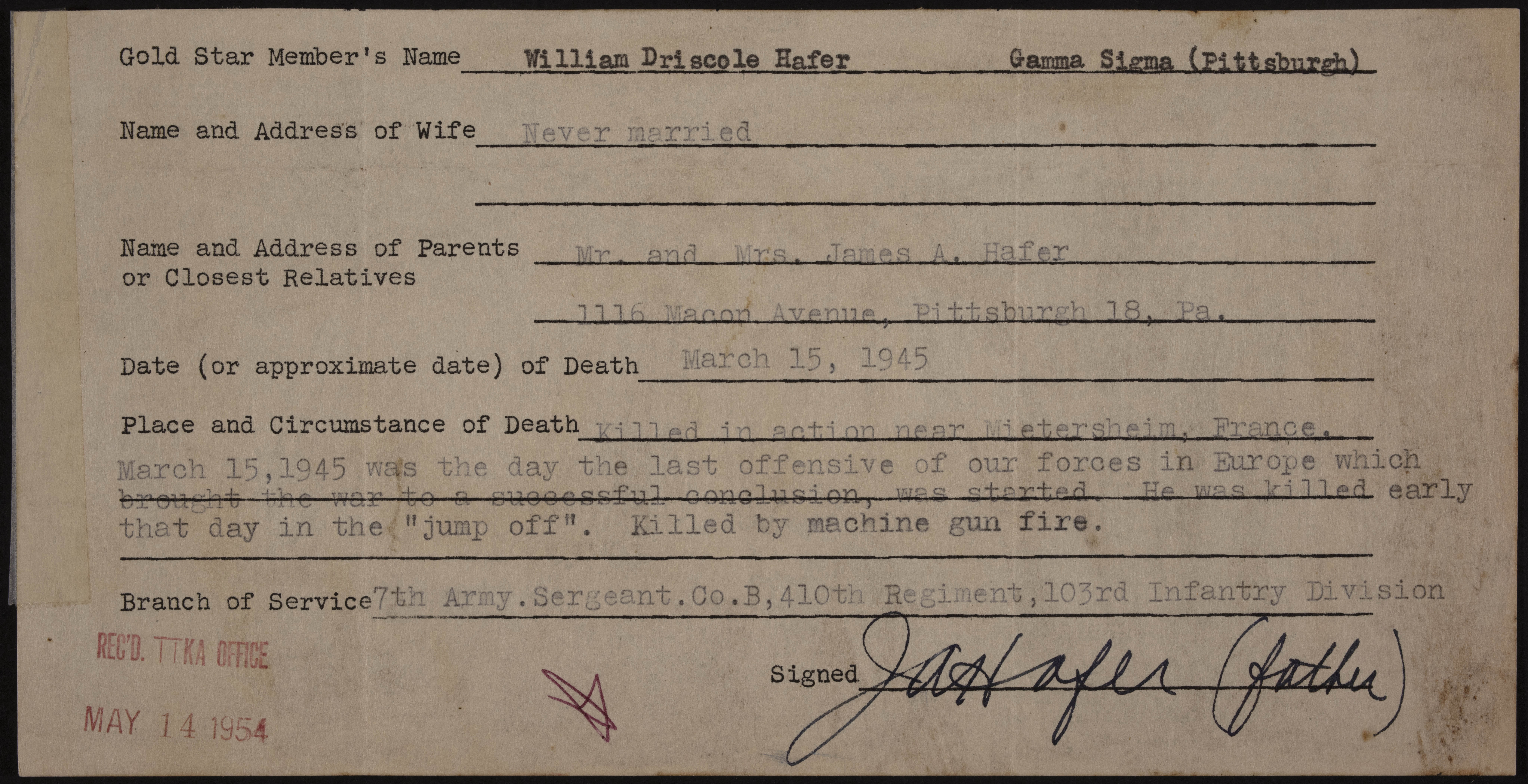 William Driscole Hafer War Record Form, May 14, 1954