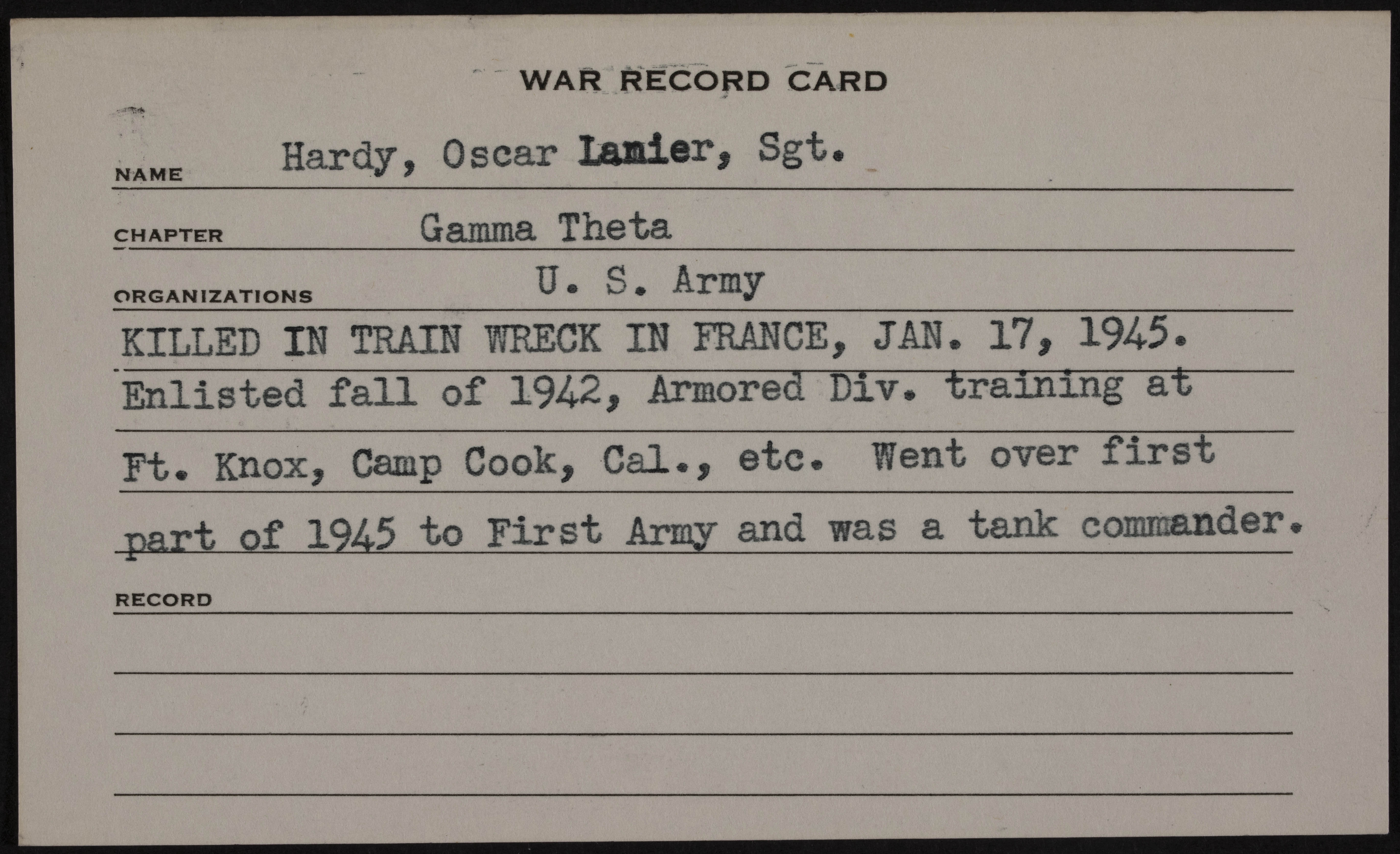 Oscar Lanier Hardy War Record Card