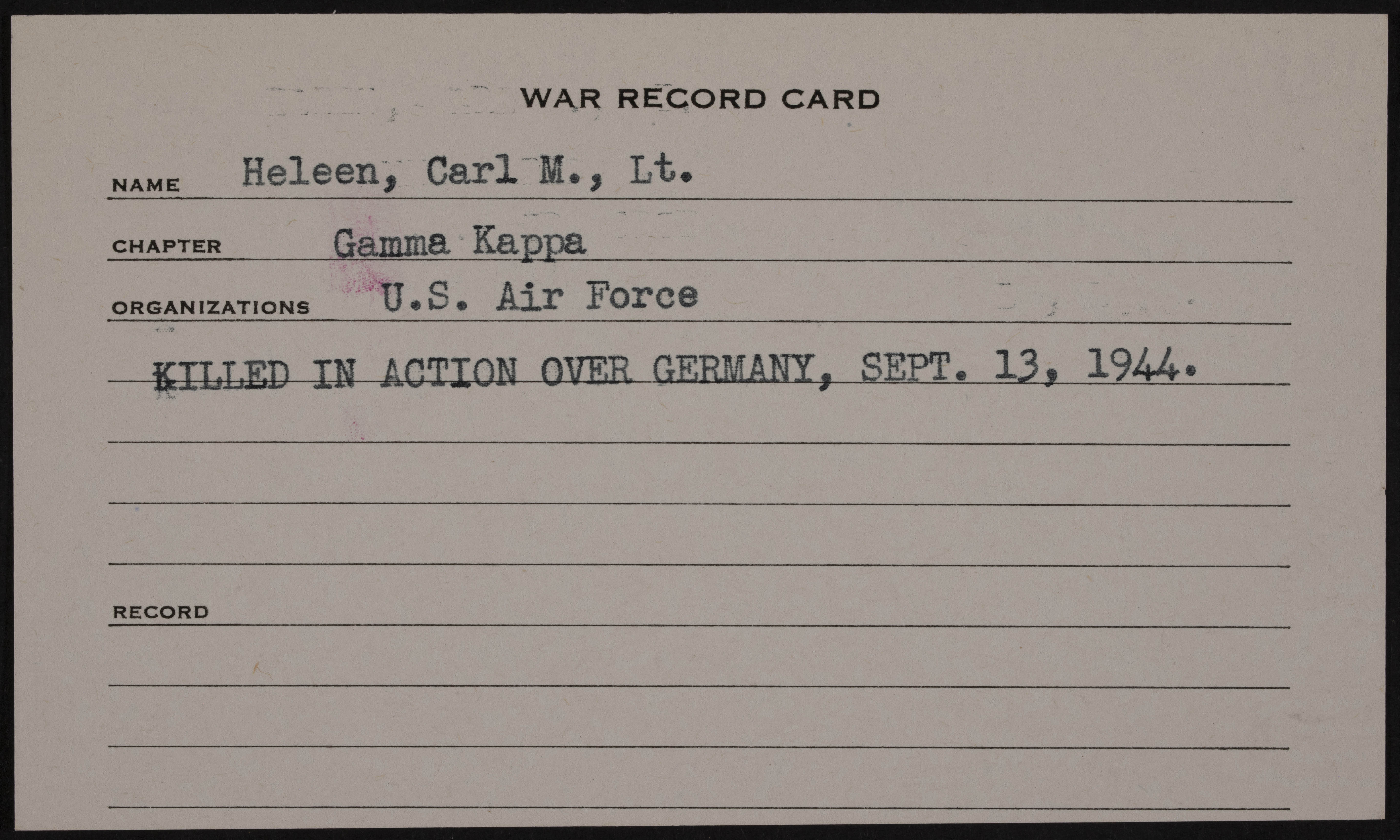 Carl Marcus Heleen War Record Card
