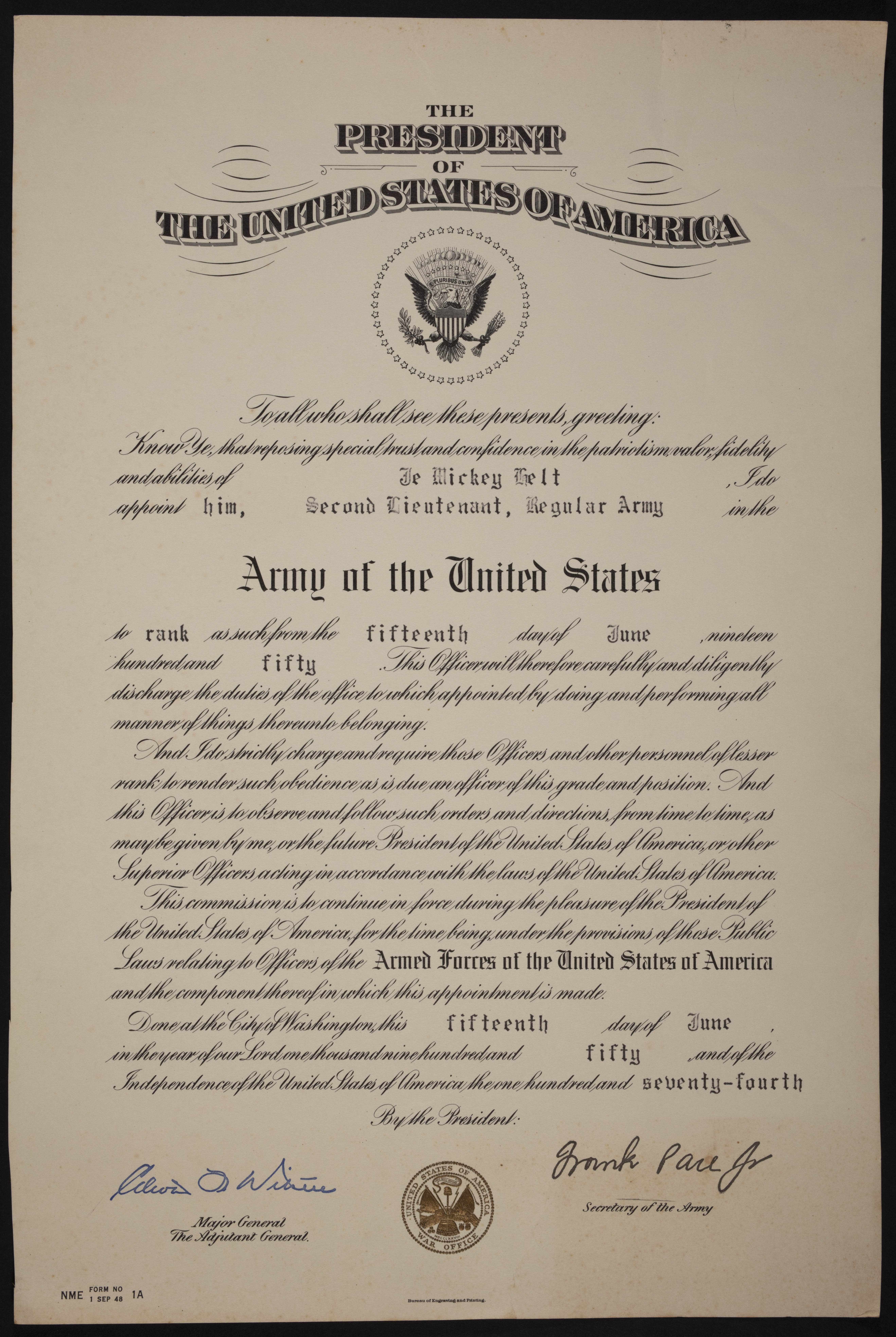 Je Mickey Helt Second Lieutenant Appointment Document, June 15, 1950