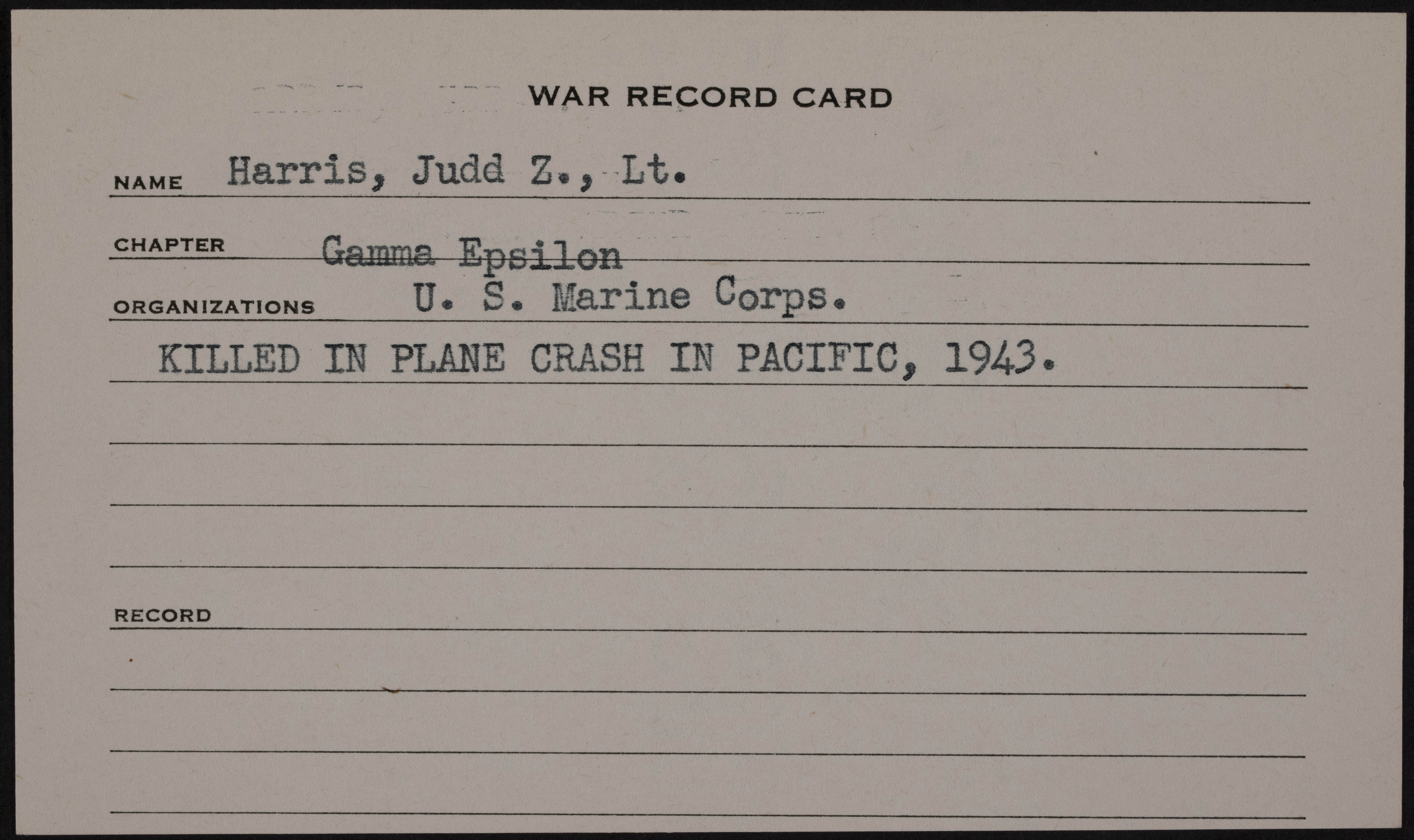 Judd Z. Harris War Record Card