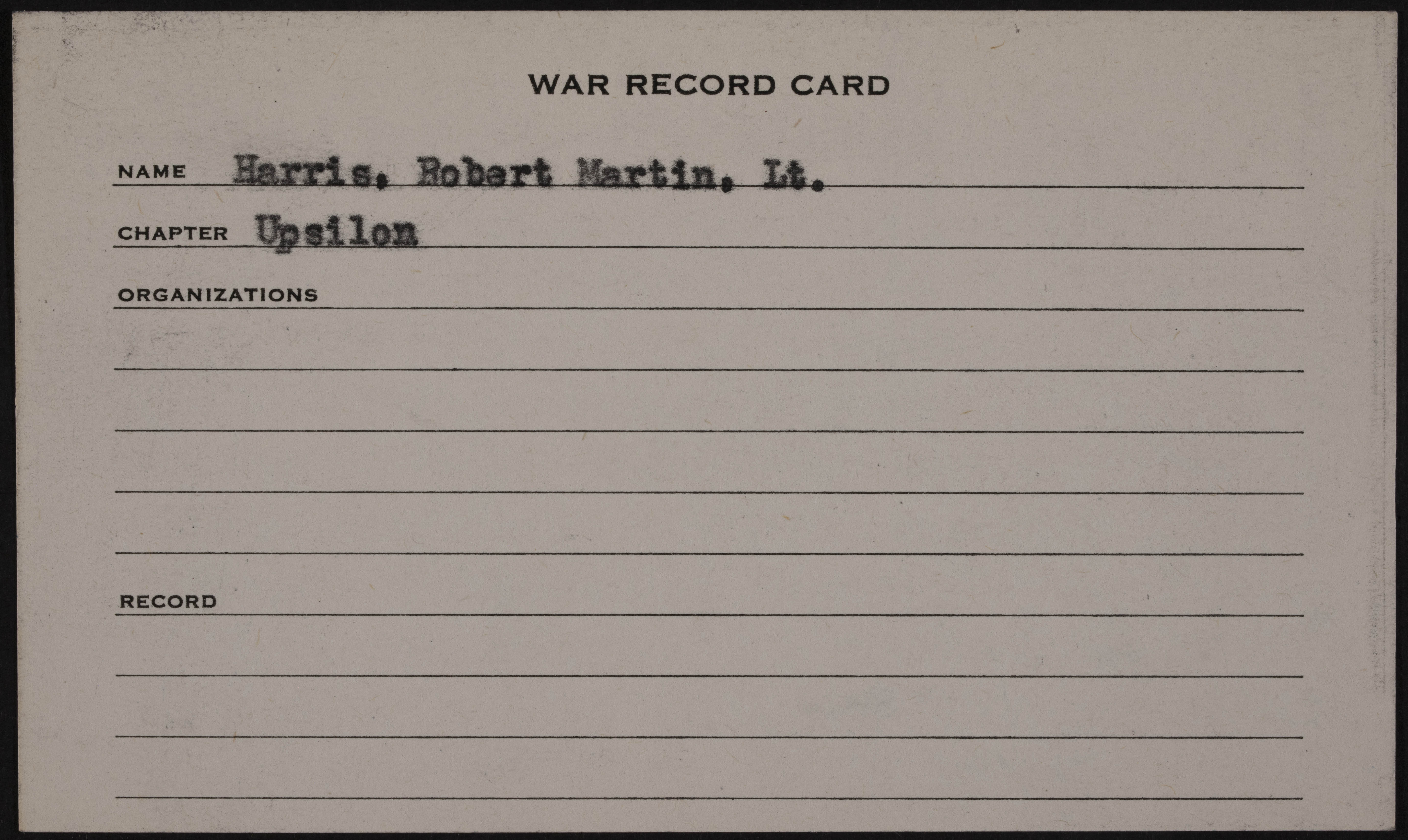 Robert Martin Harris War Record Card