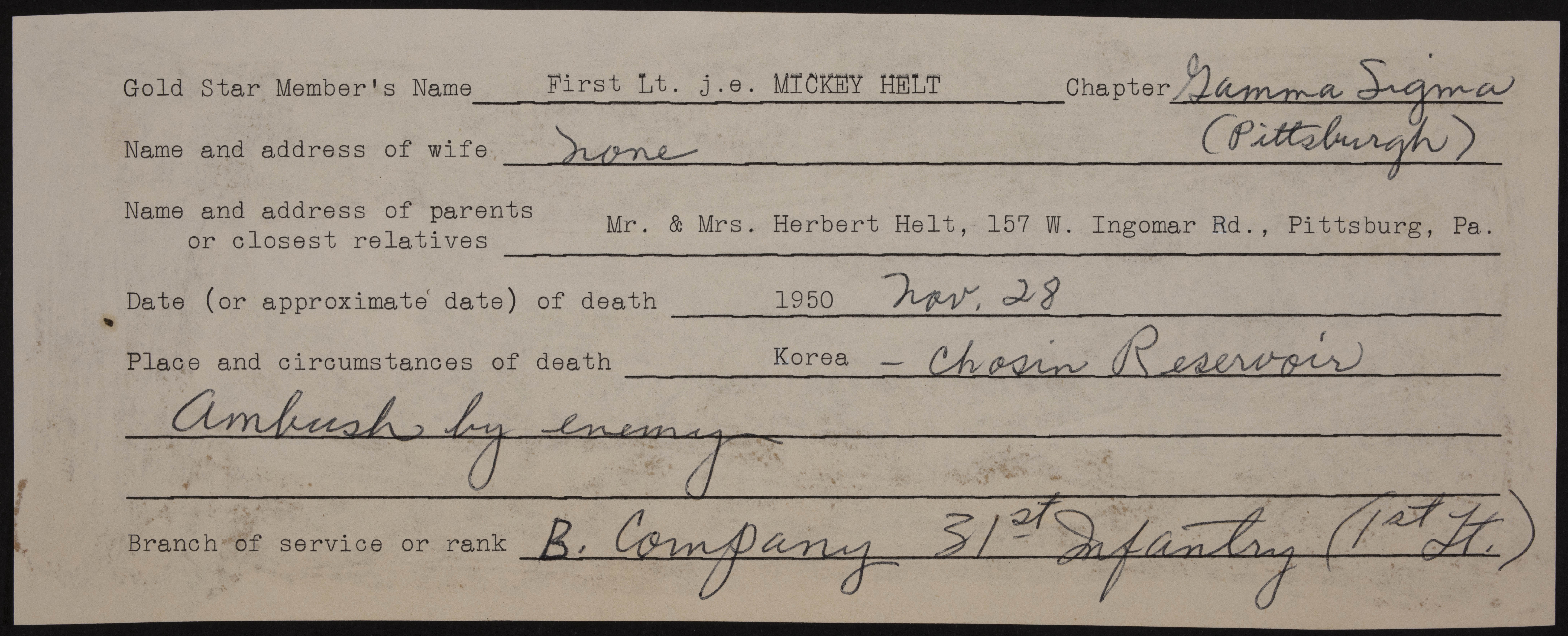 Je Mickey Helt War Record Card