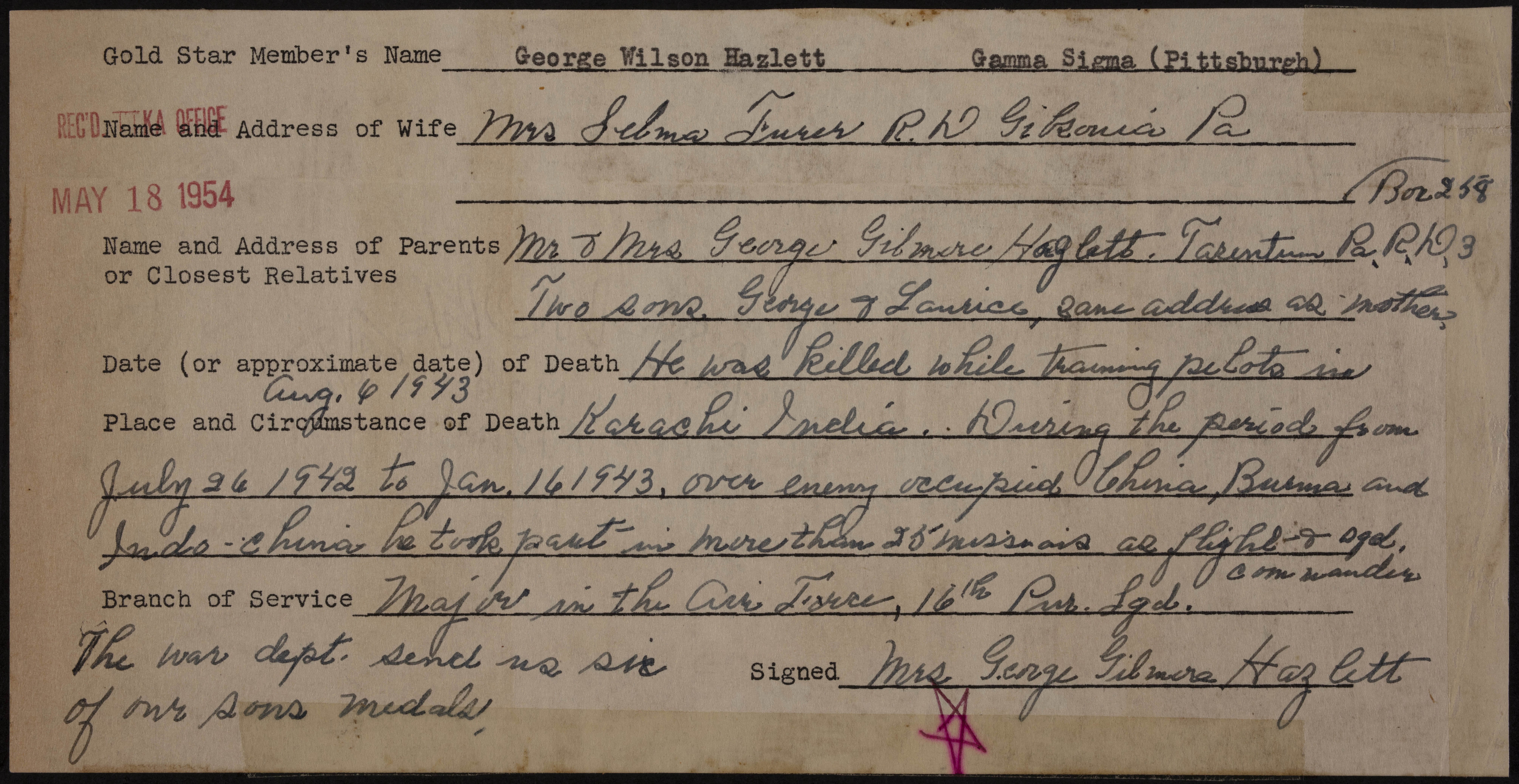 George Wilson Hazlett War Record Form, May 18, 1954