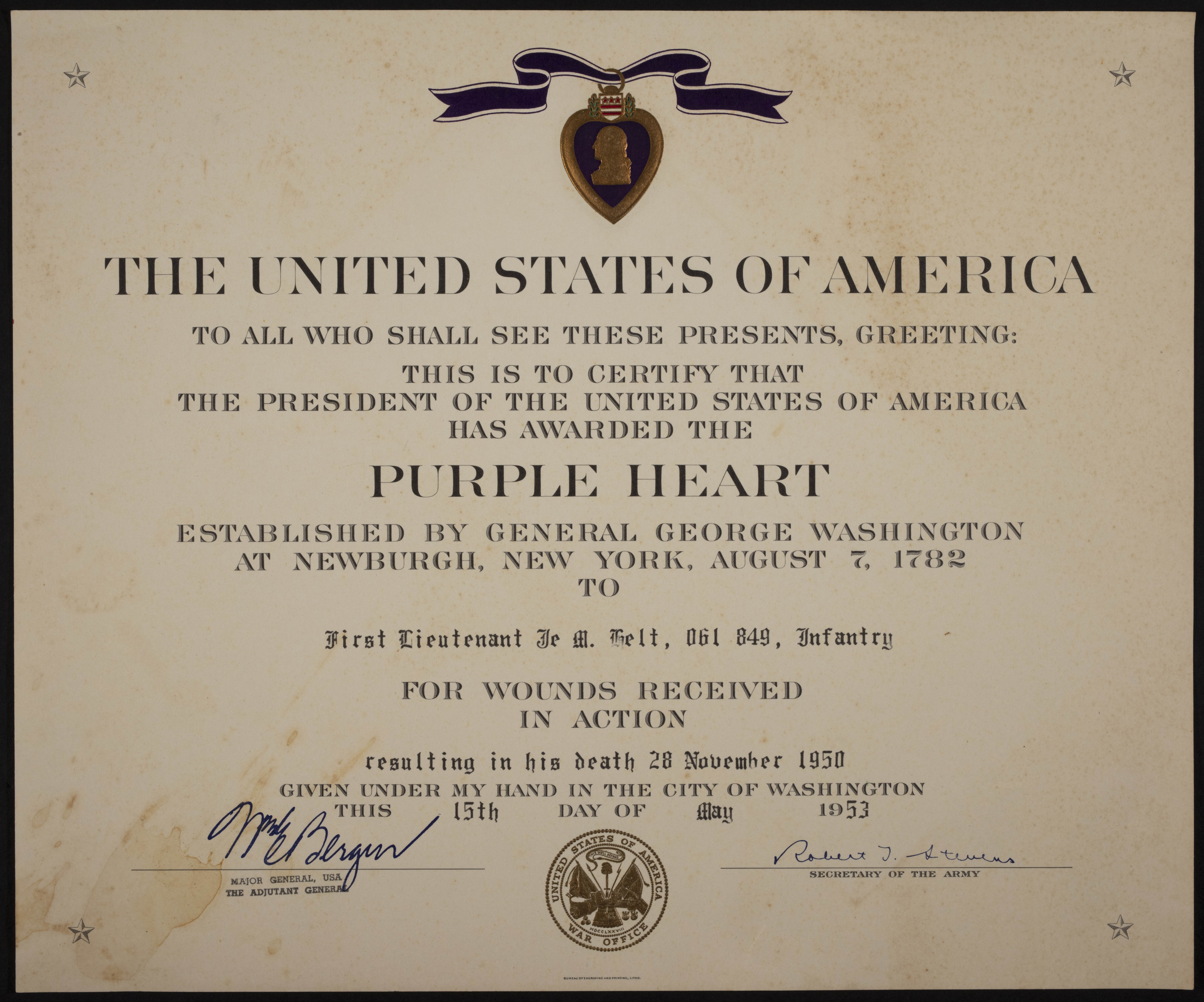 Je Mickey Helt Purple Heart Award Document, May 15, 1953