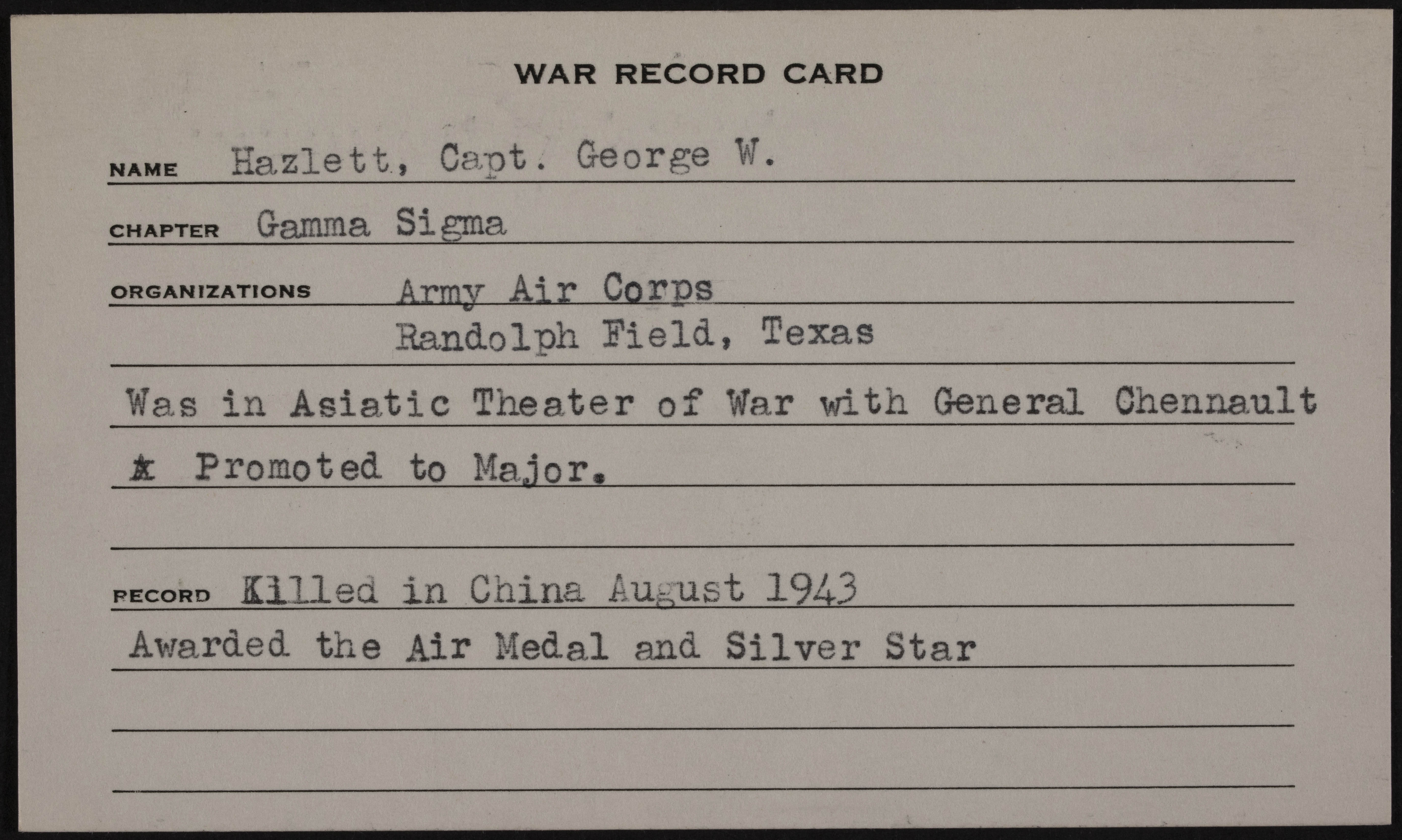 George Wilson Hazlett War Record Card