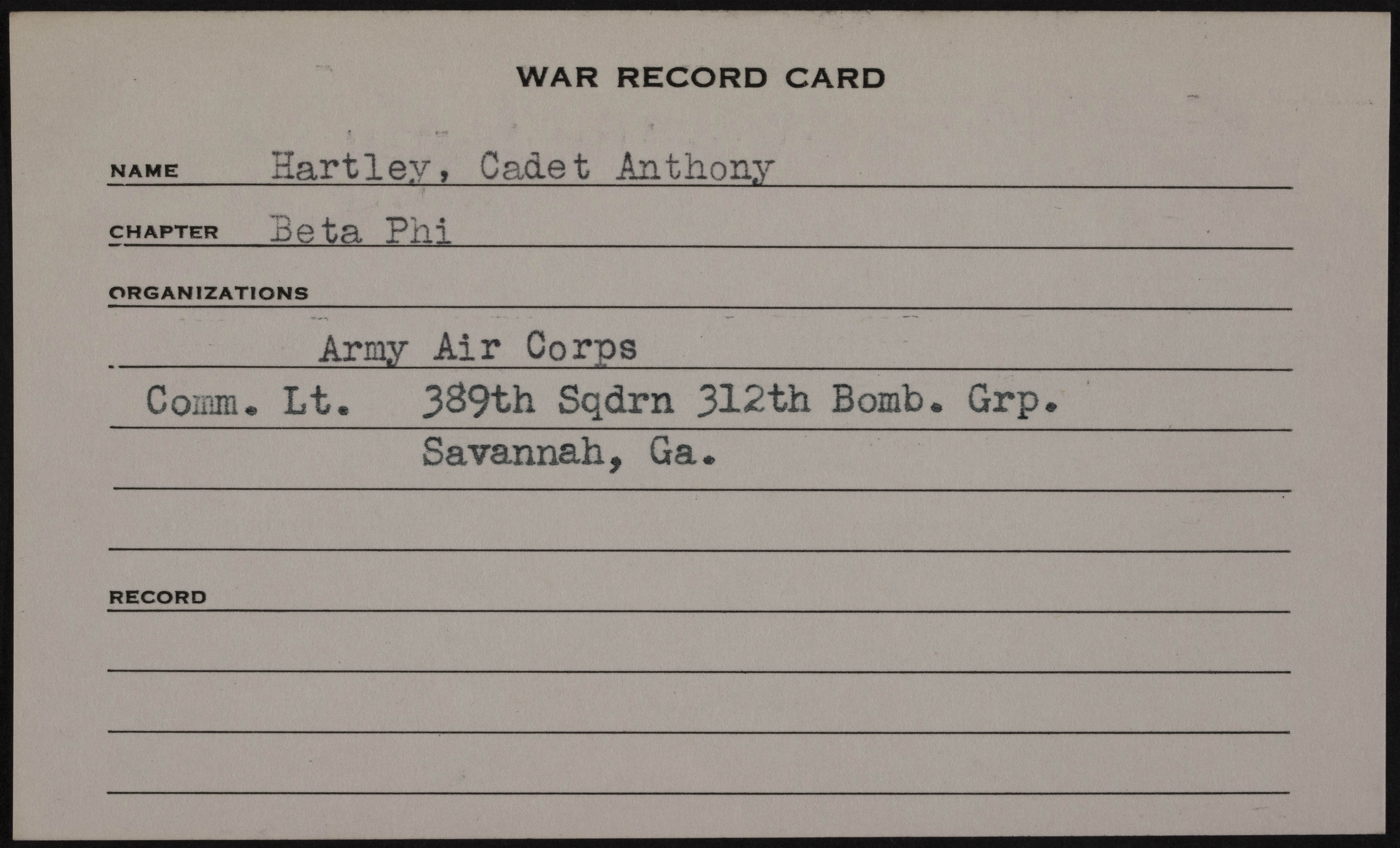 Anthony Hartley War Record Card