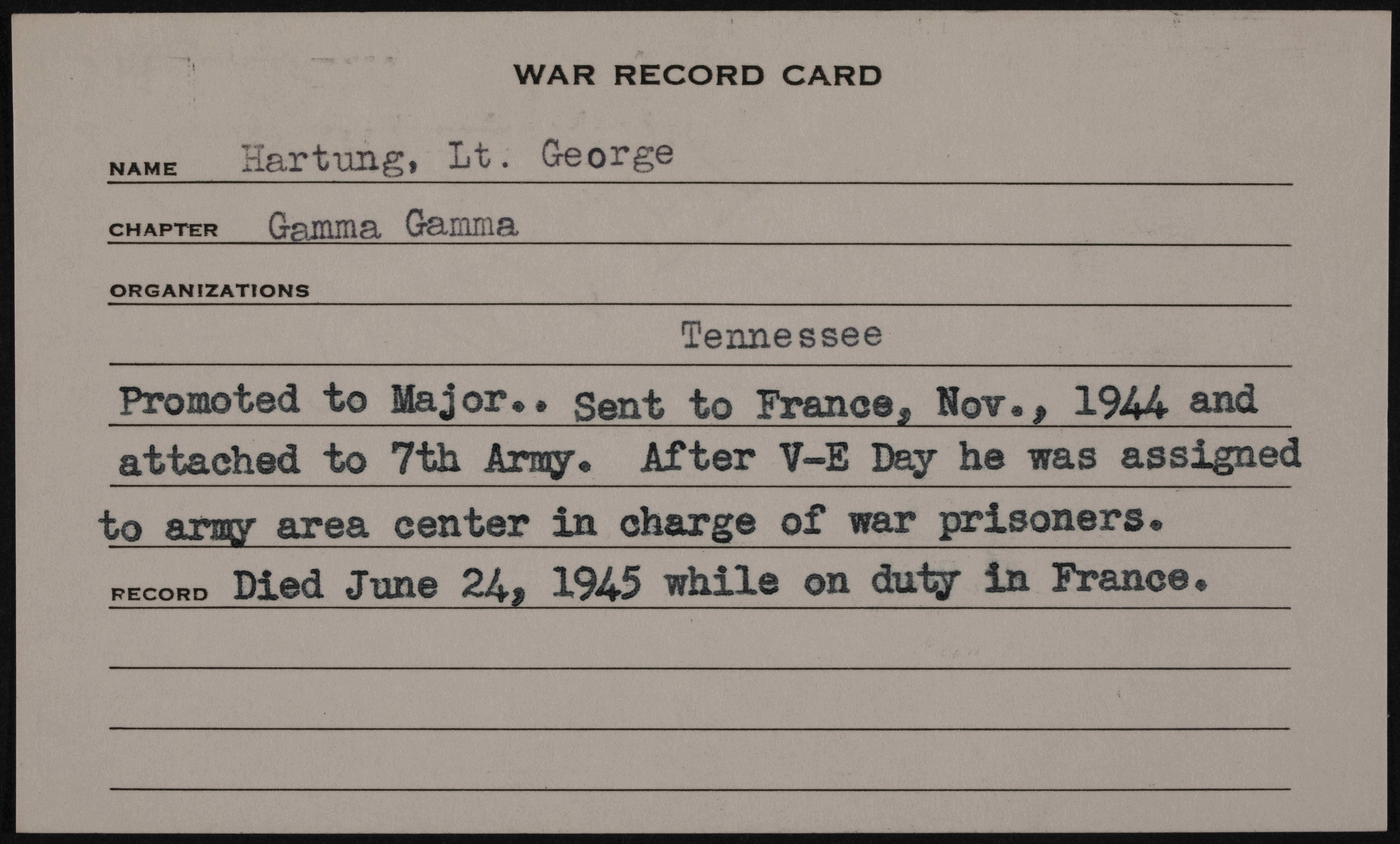 George Warren Hartung War Record Card