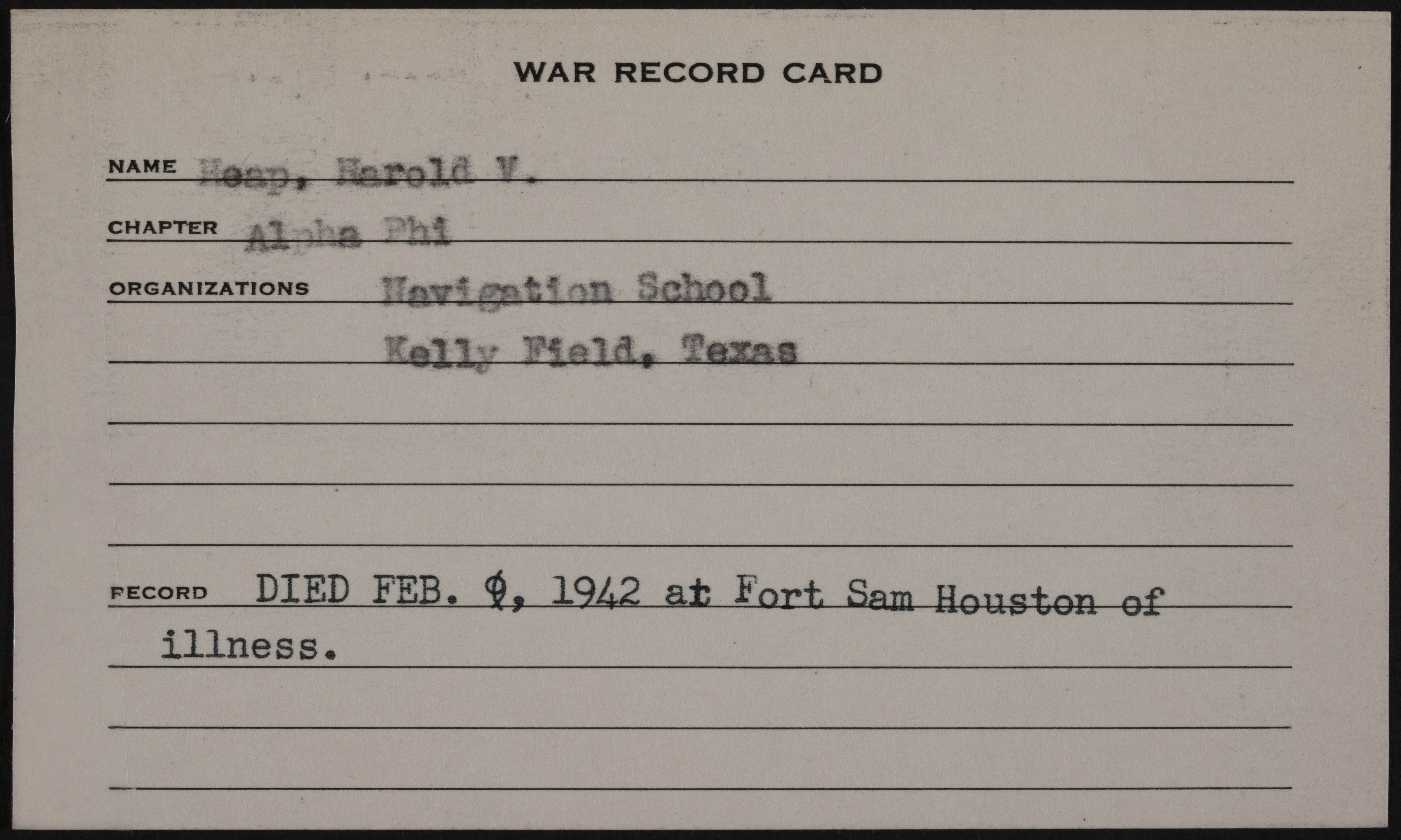 Harold Vokes Heap War Record Card