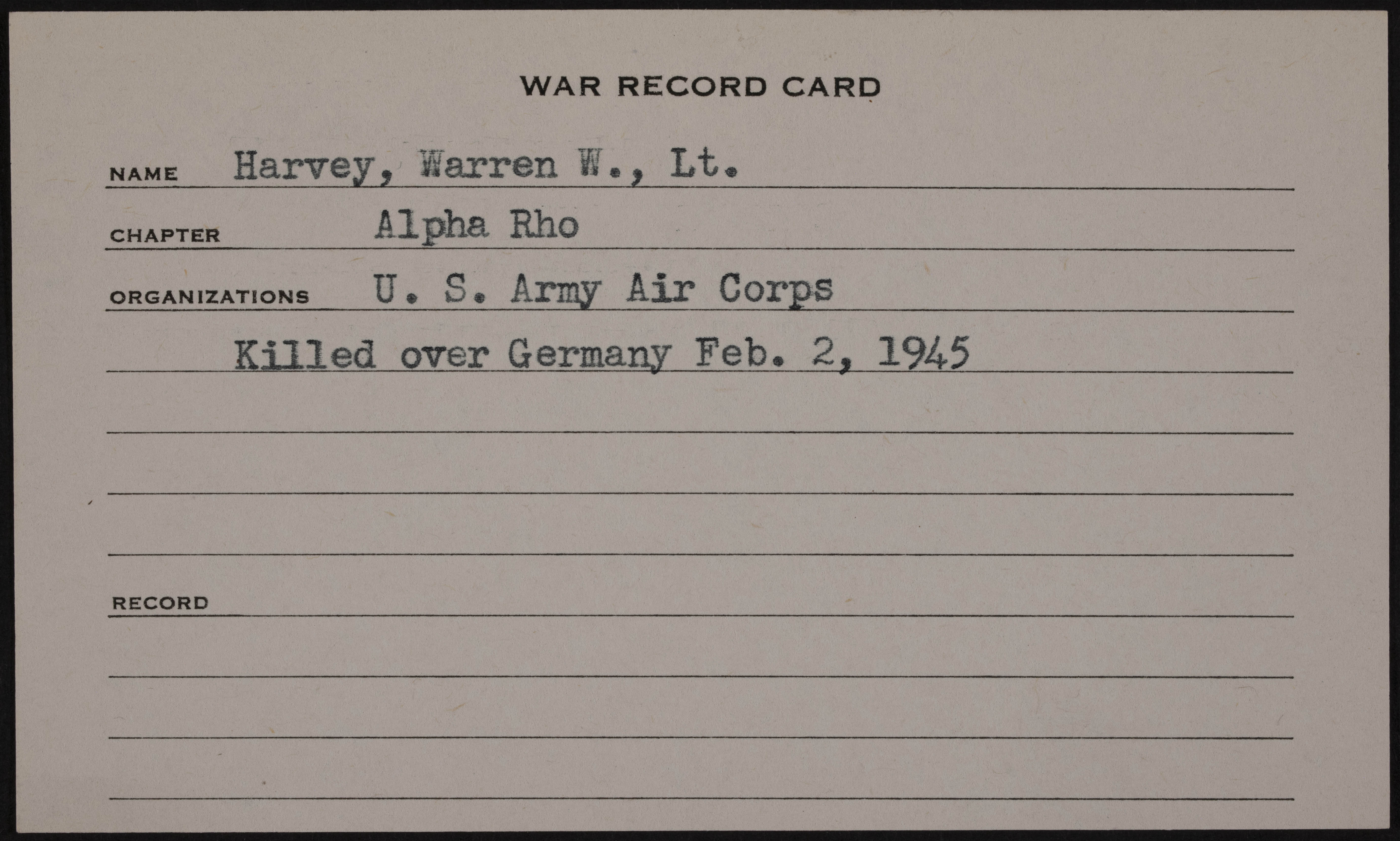 Warren Winfield Harvey War Record Form