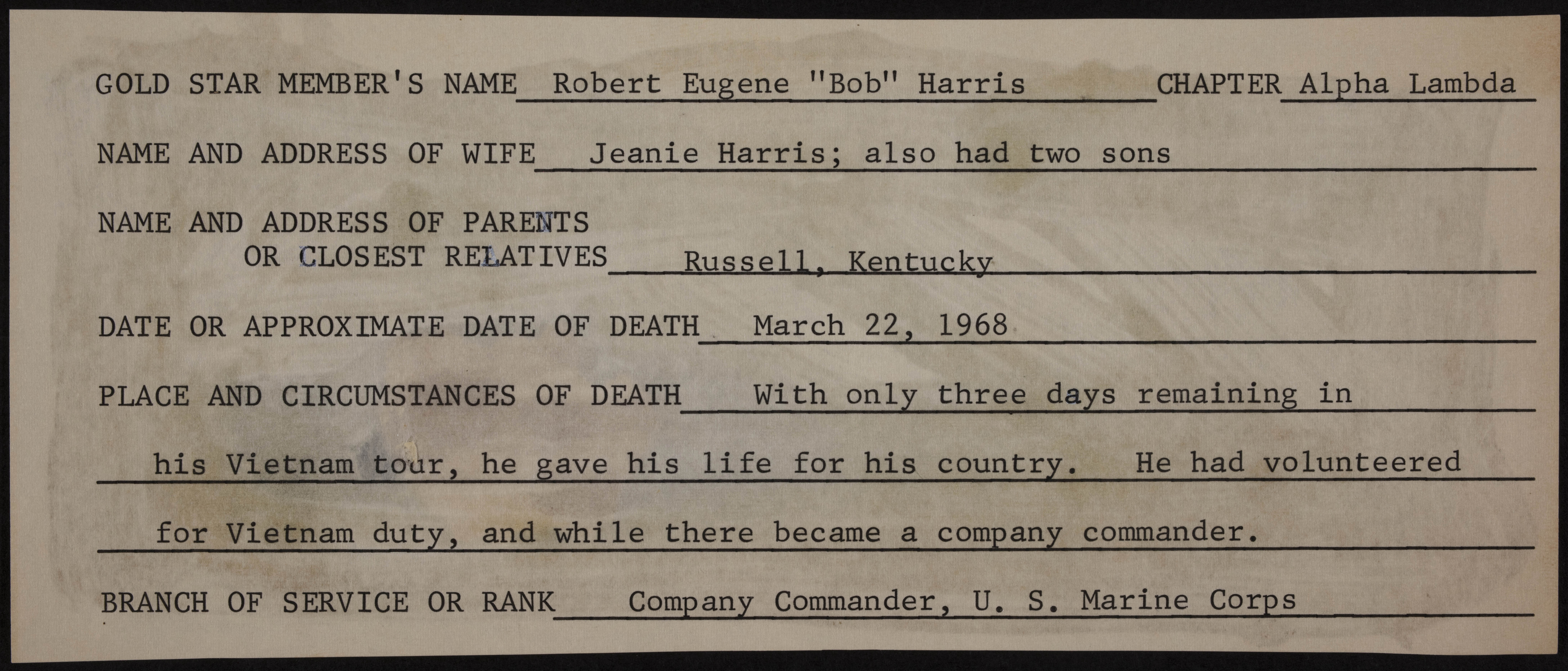 Robert Eugene Harris War Record Form