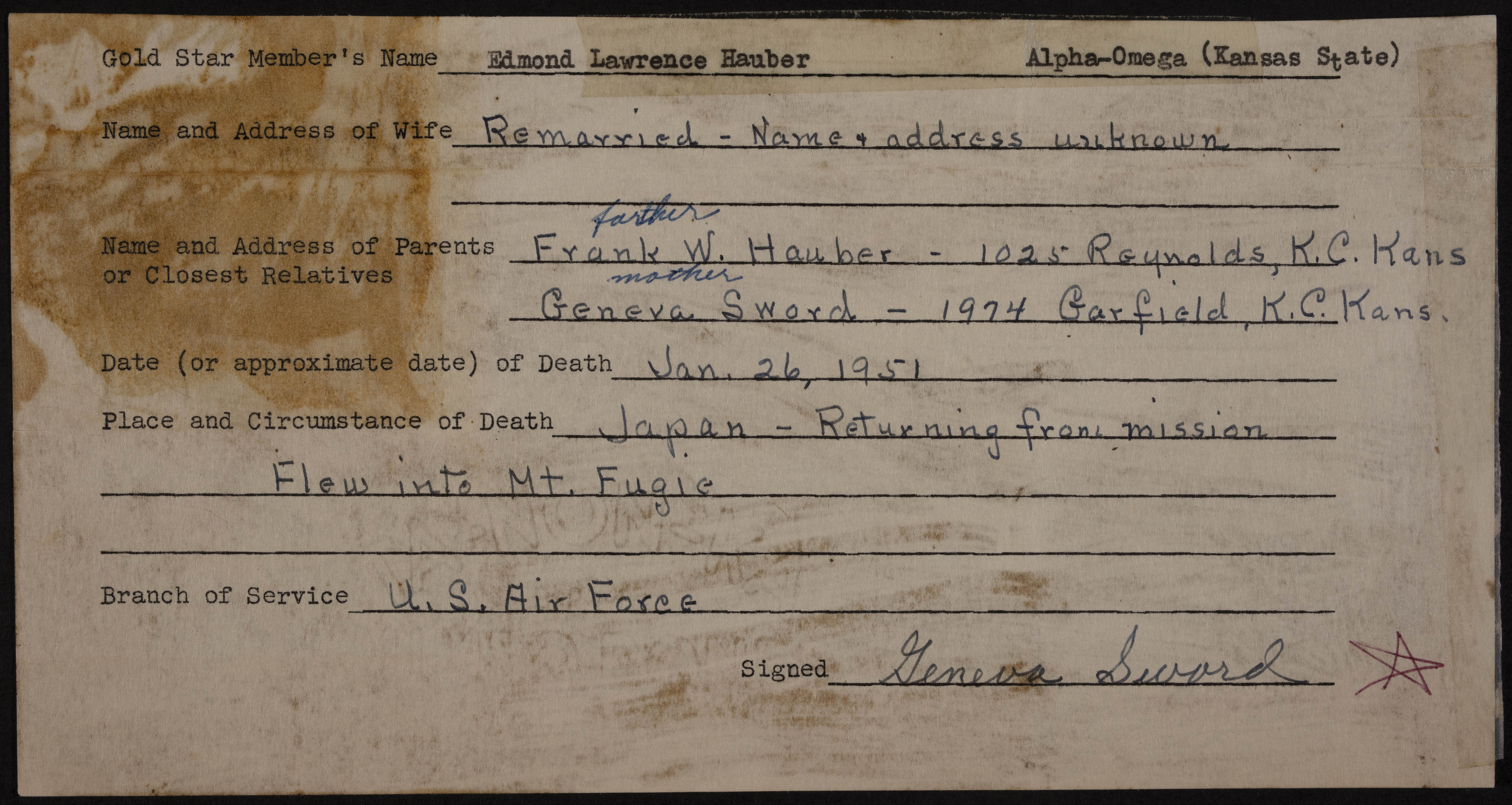 Edmond Lawrence Hauber War Record Form