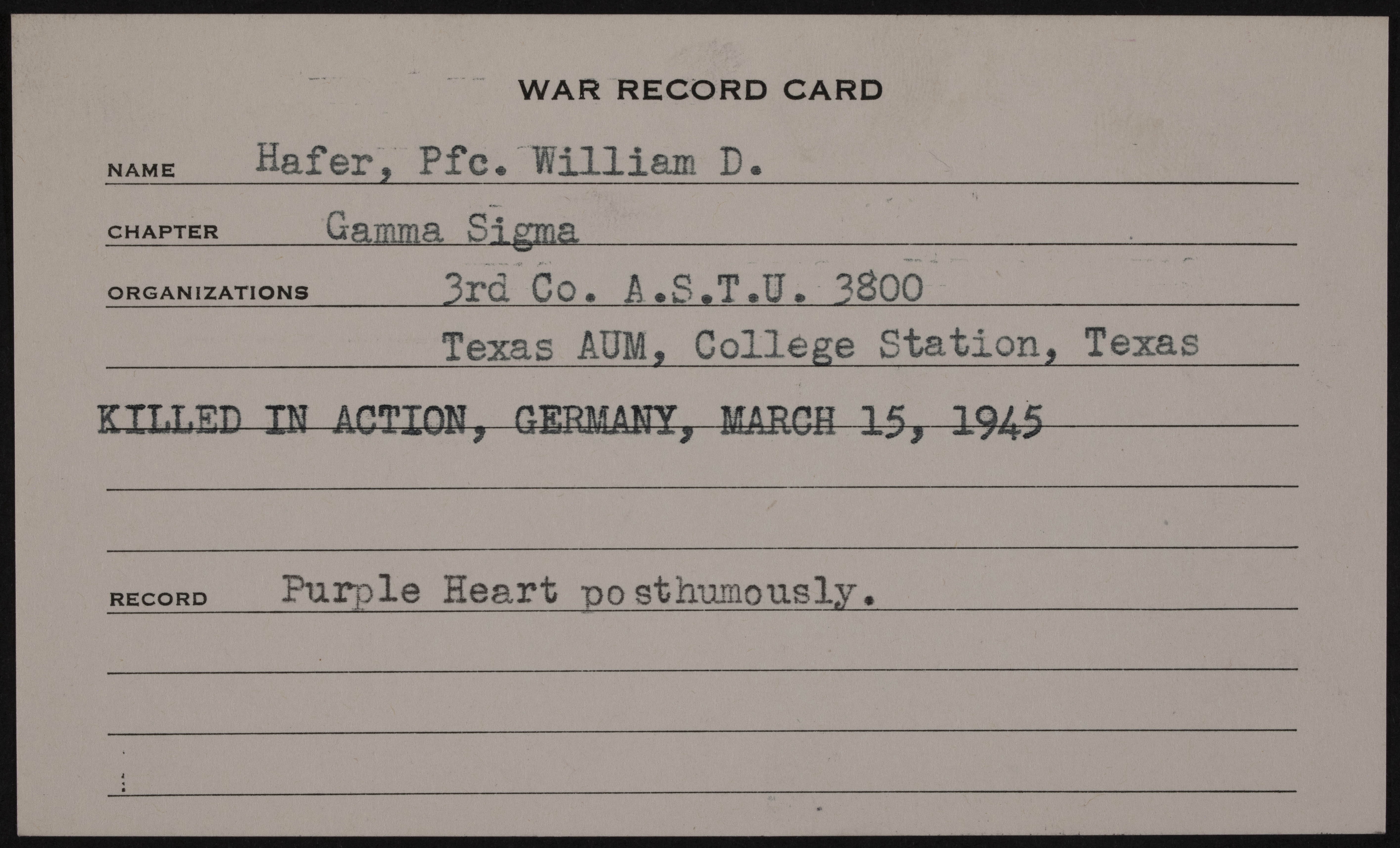 William Driscole Hafer War Record Card