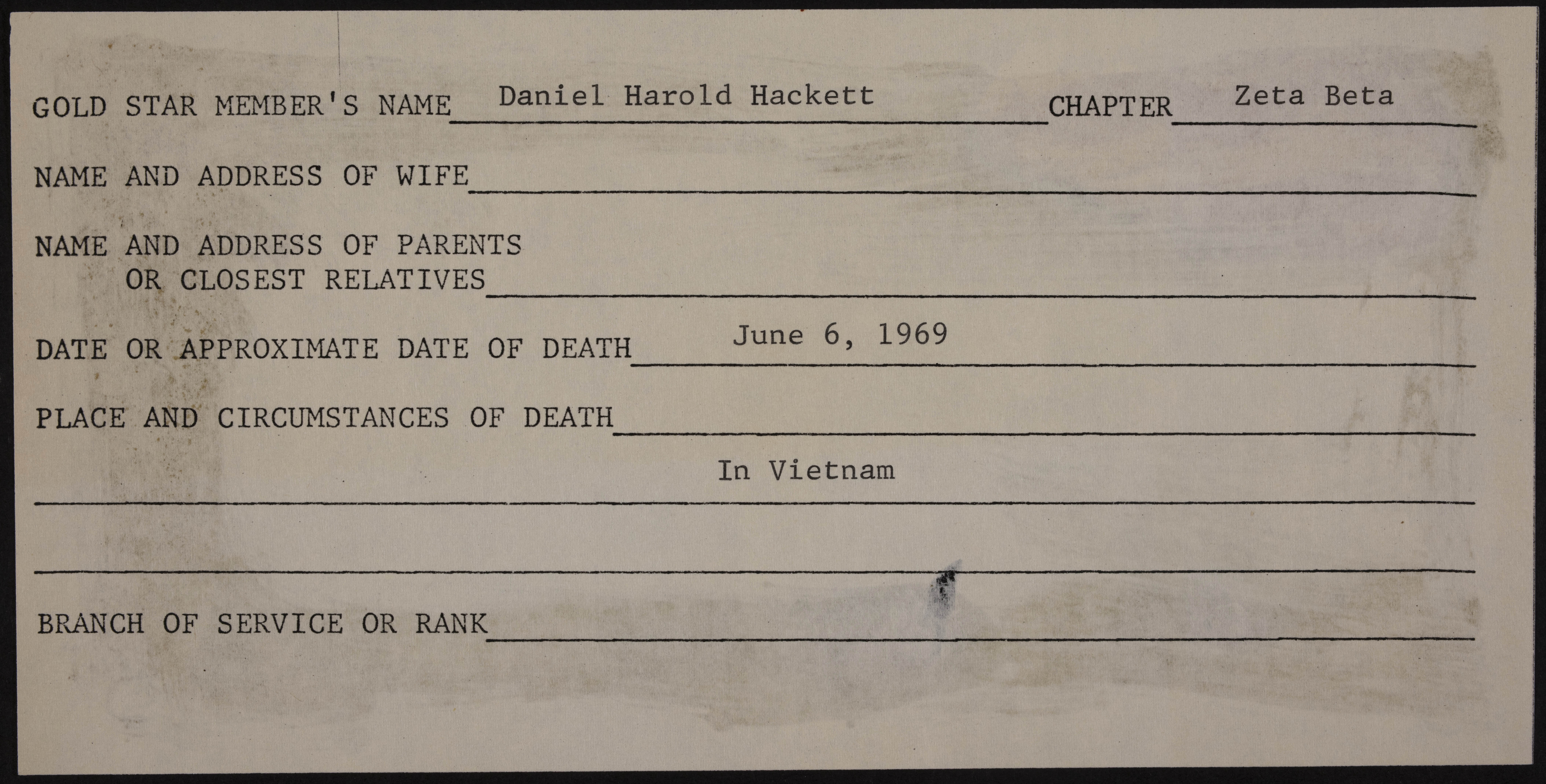 Daniel Harold Hackett War Record Form