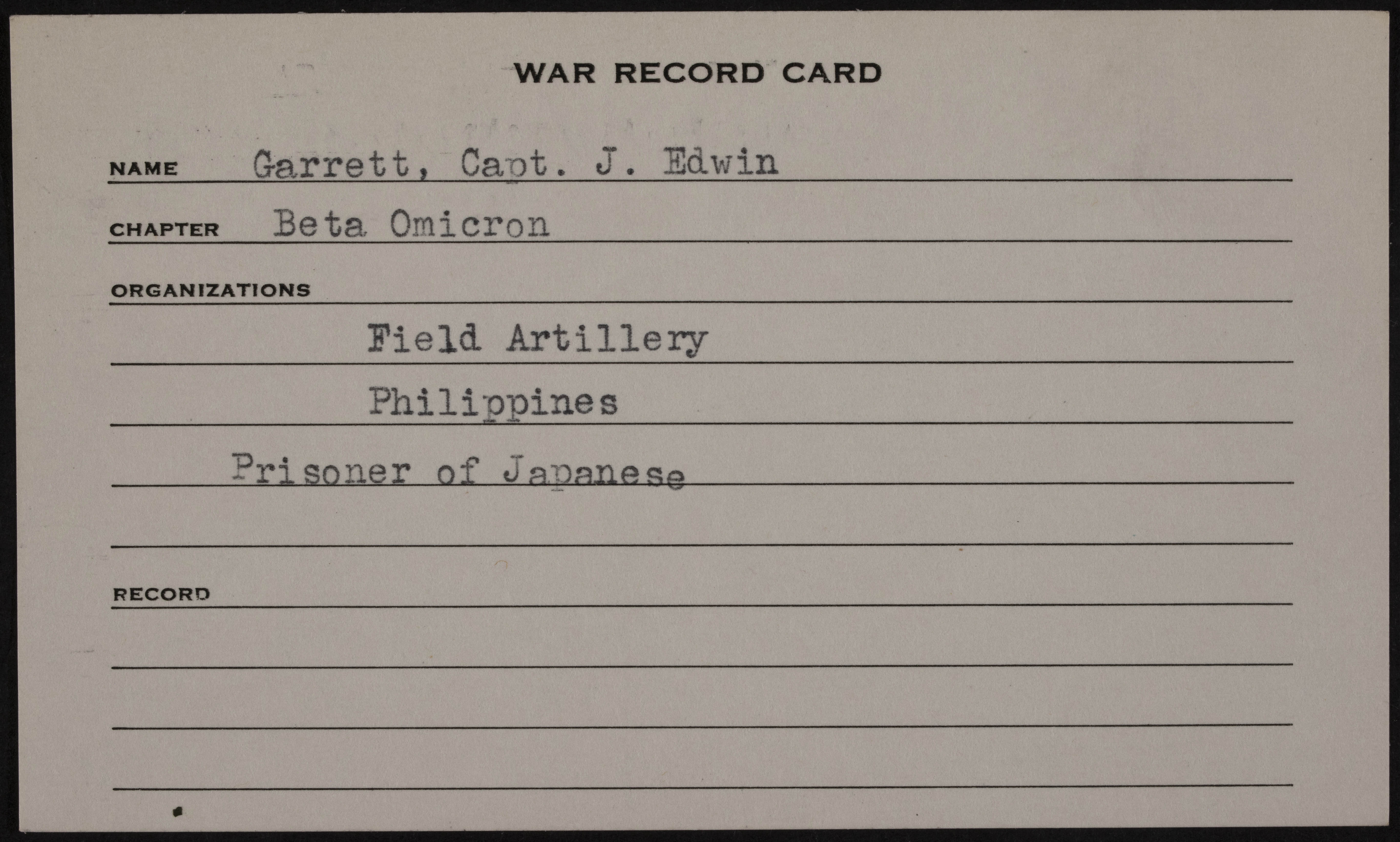 James Elwin Garrett War Record Card