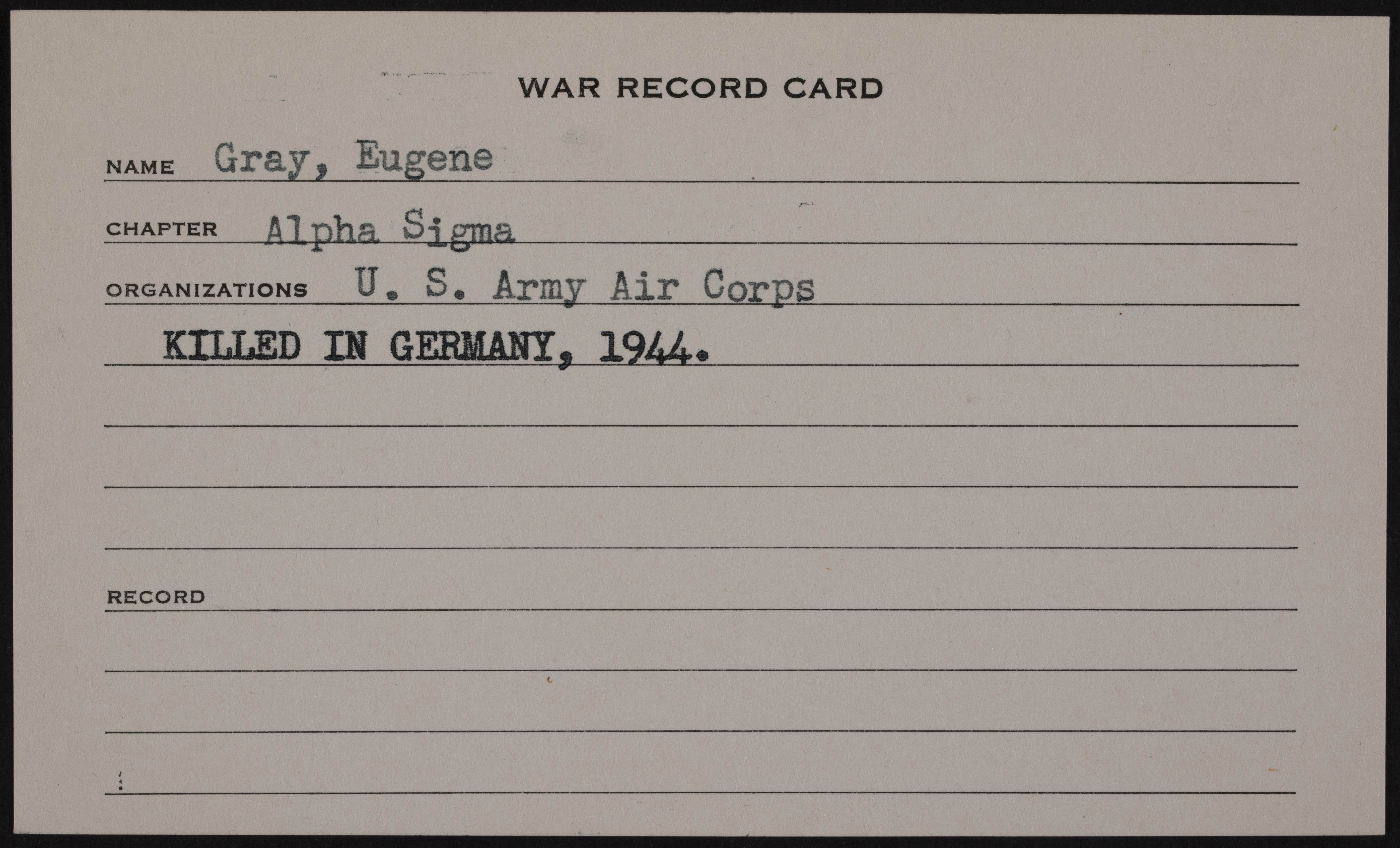 Eugene Francis Gray War Record Card