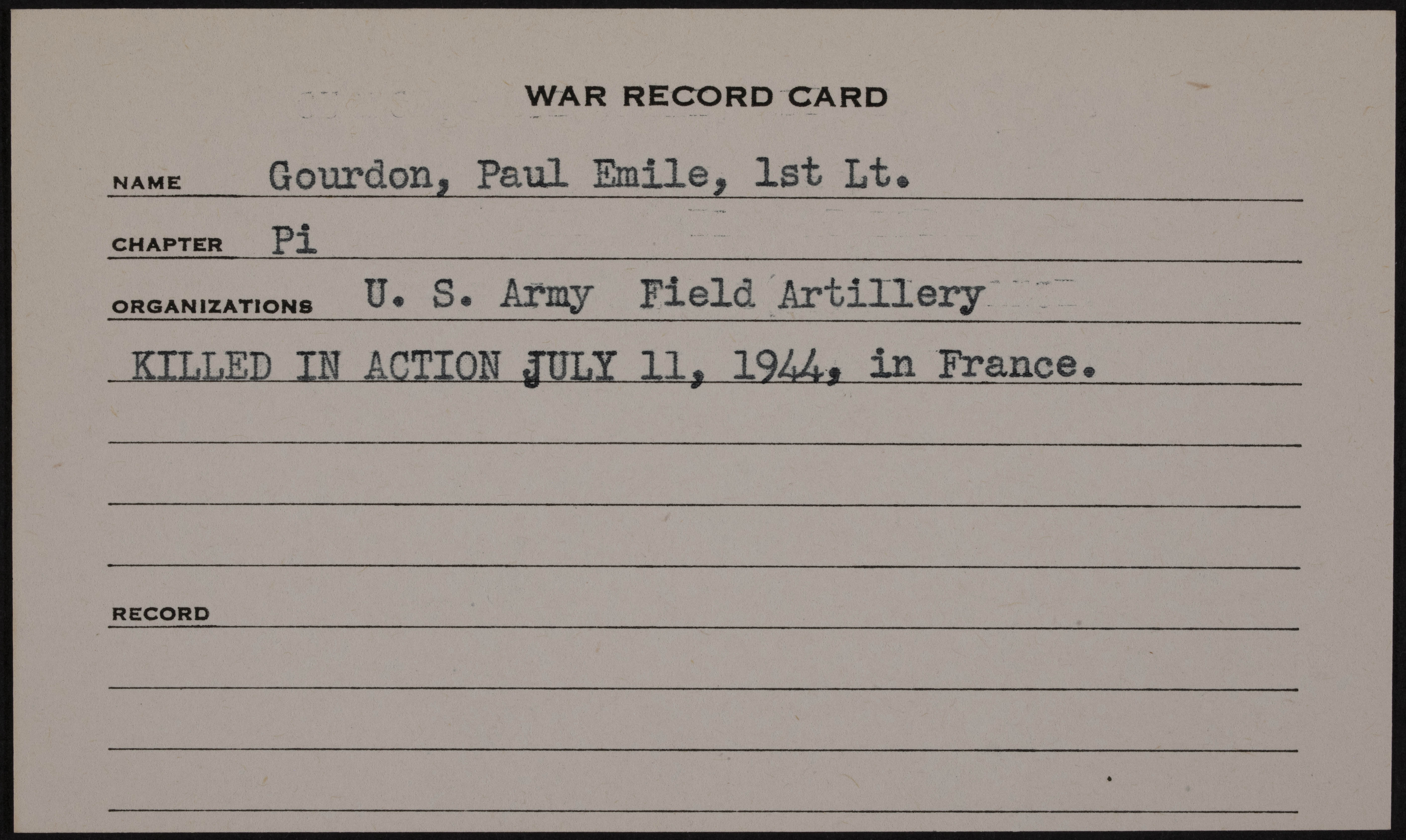 Paul Emile Gourdon Jr. War Record Card