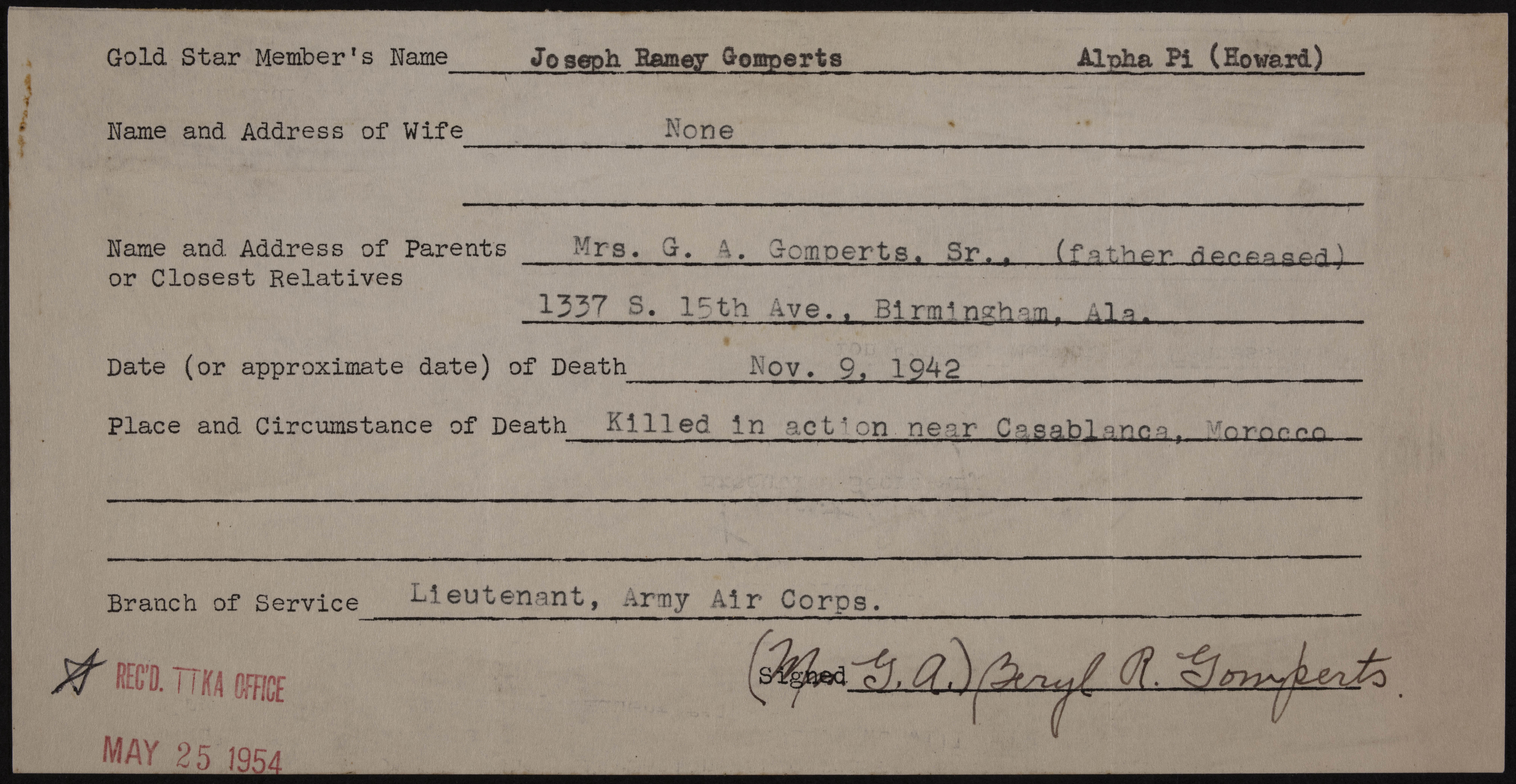 Joseph Ramey Gomperts War Record Form, May 25, 1954