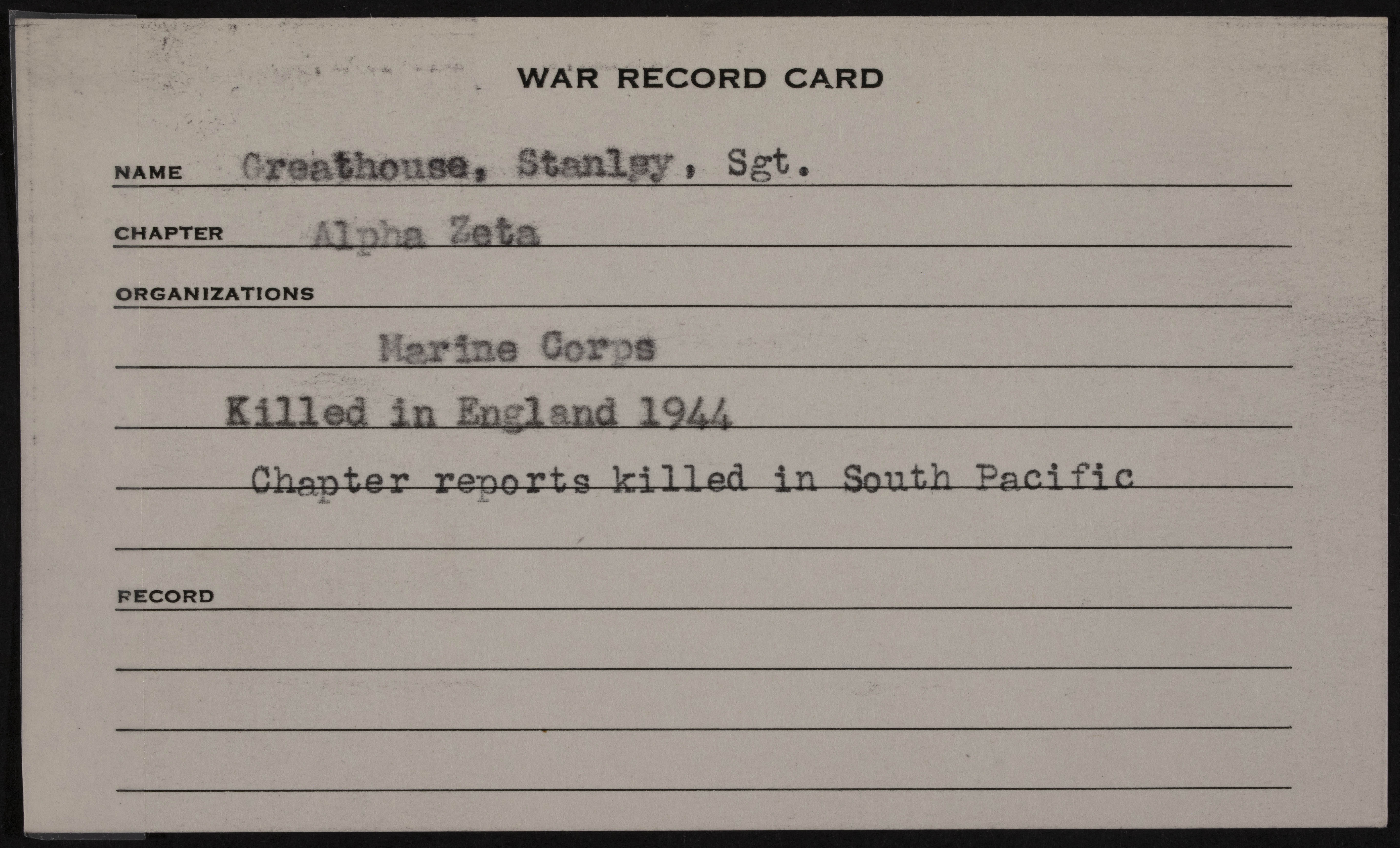 James Stanley Greathouse War Record Card