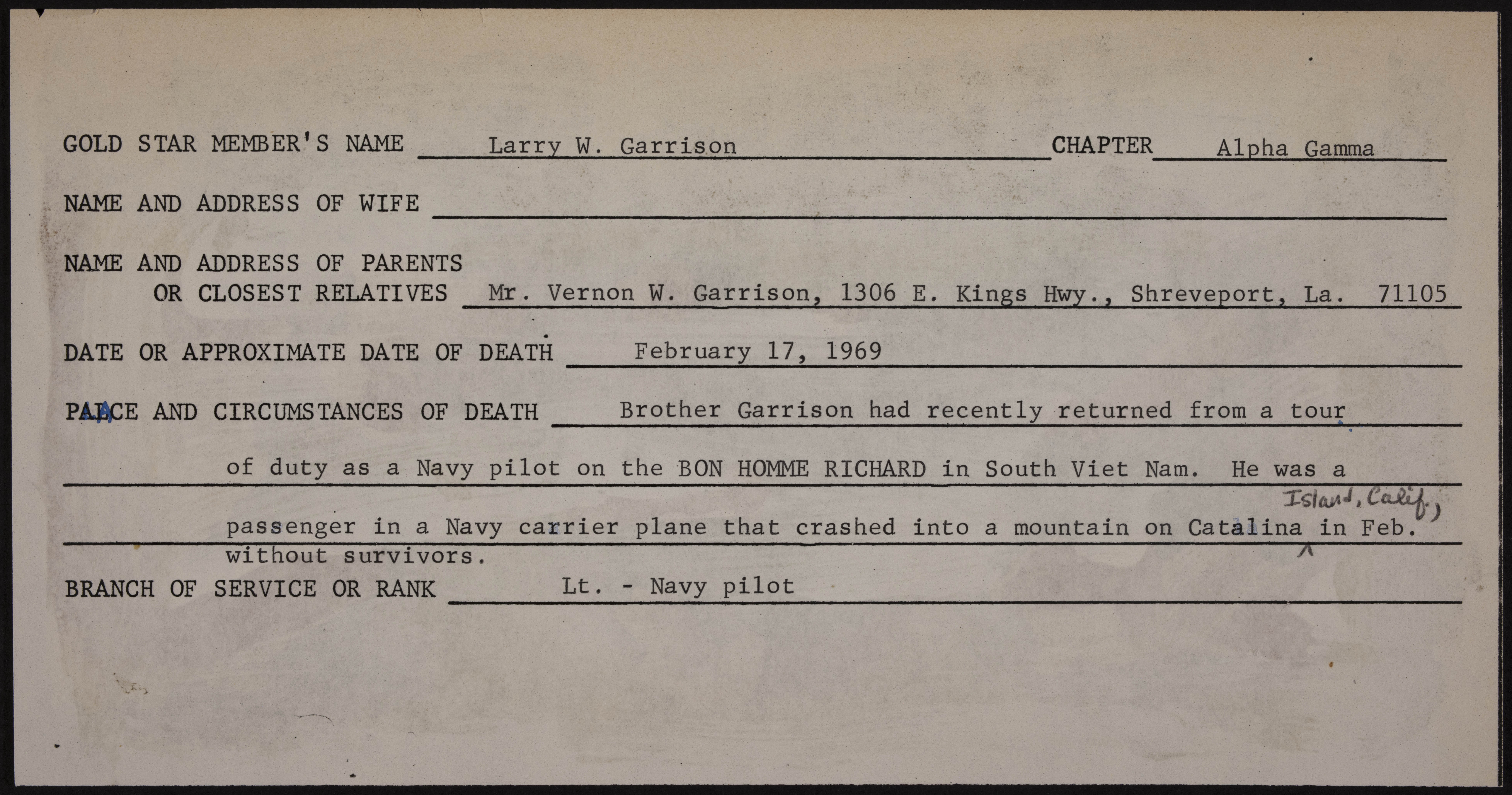 Larry Wayne Garrison War Record Form