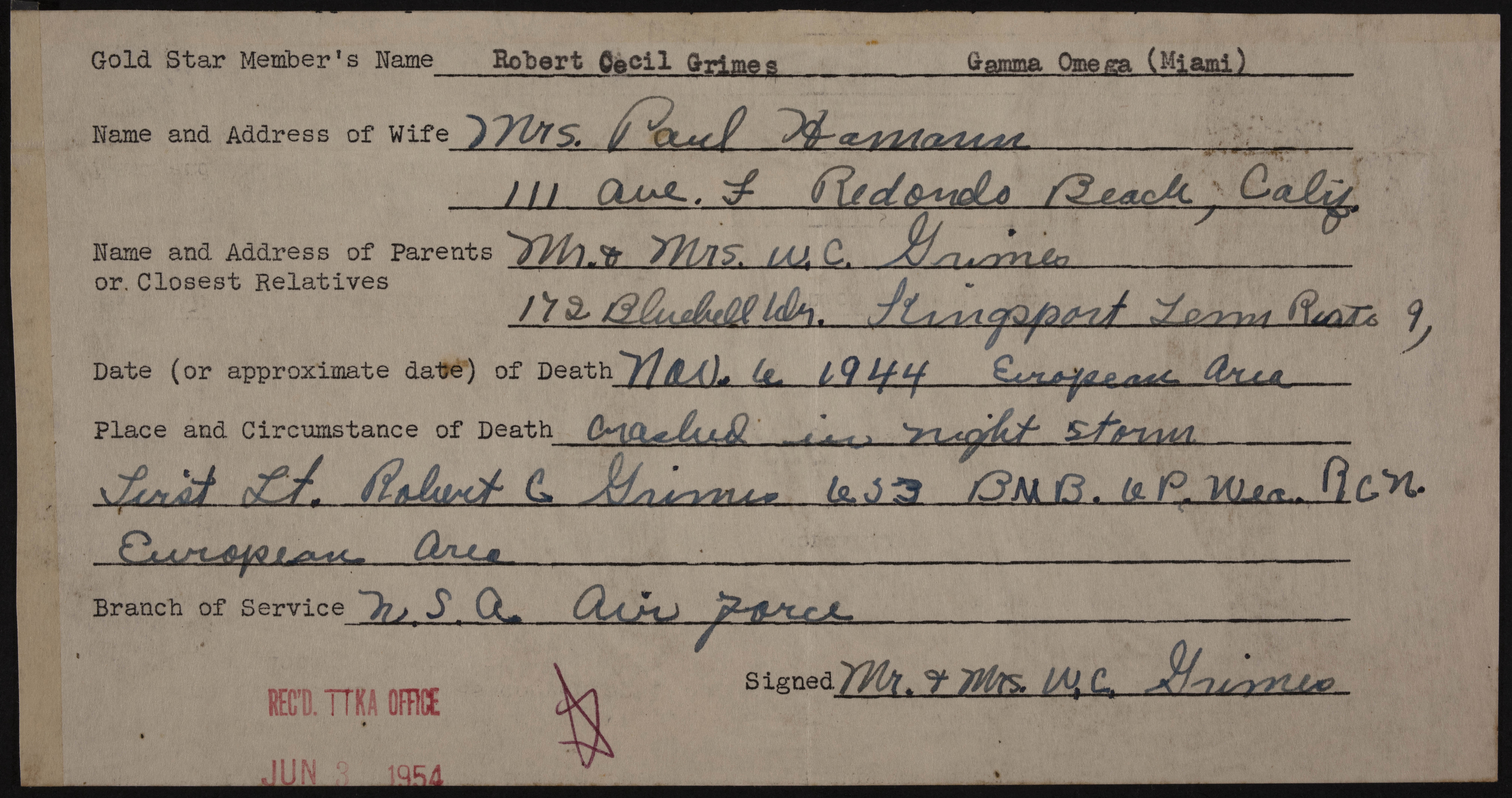 Robert Cecil Grimes War Record Form, June 3, 1954