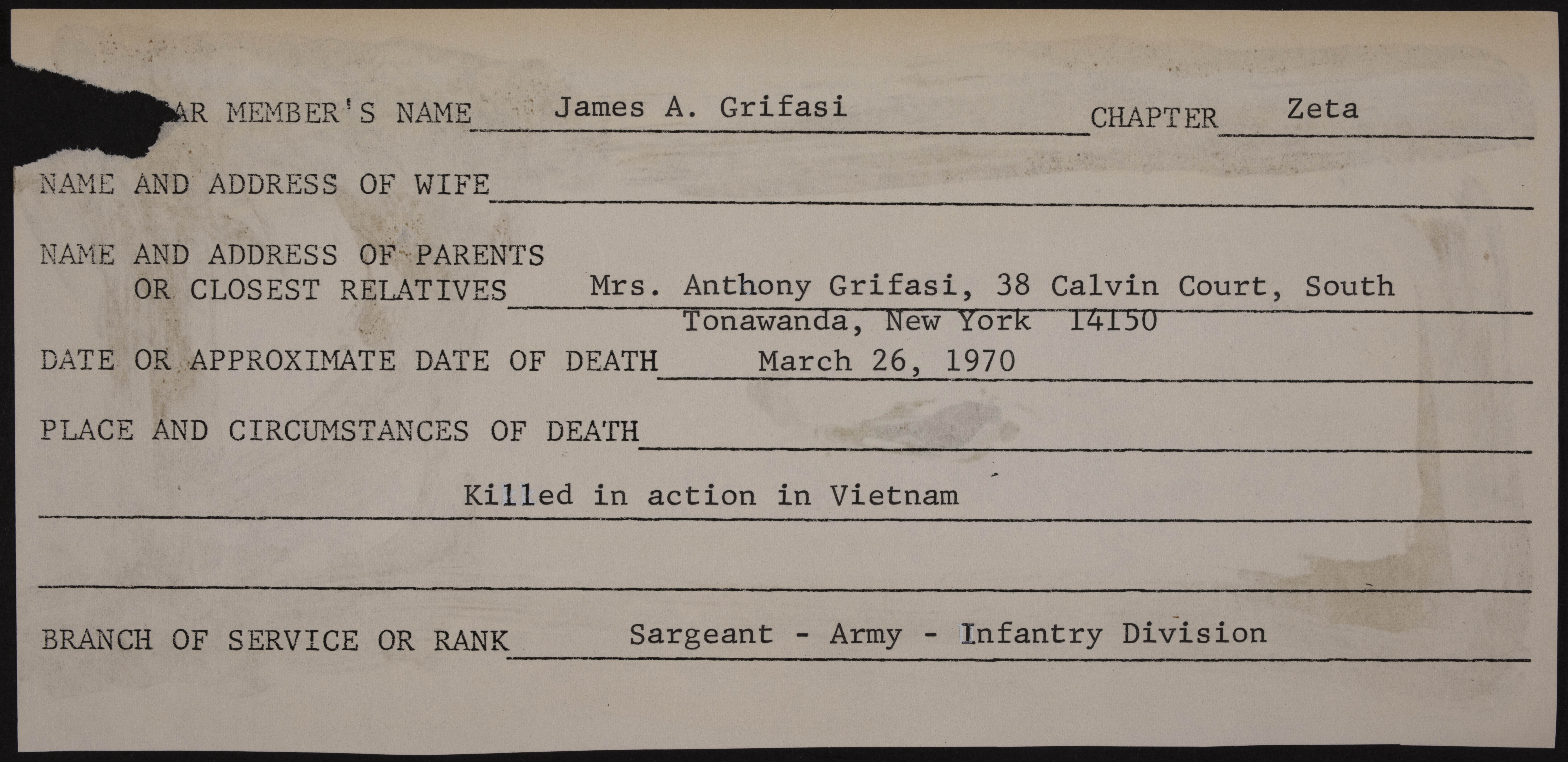 James Anthony Grifasi War Record Form