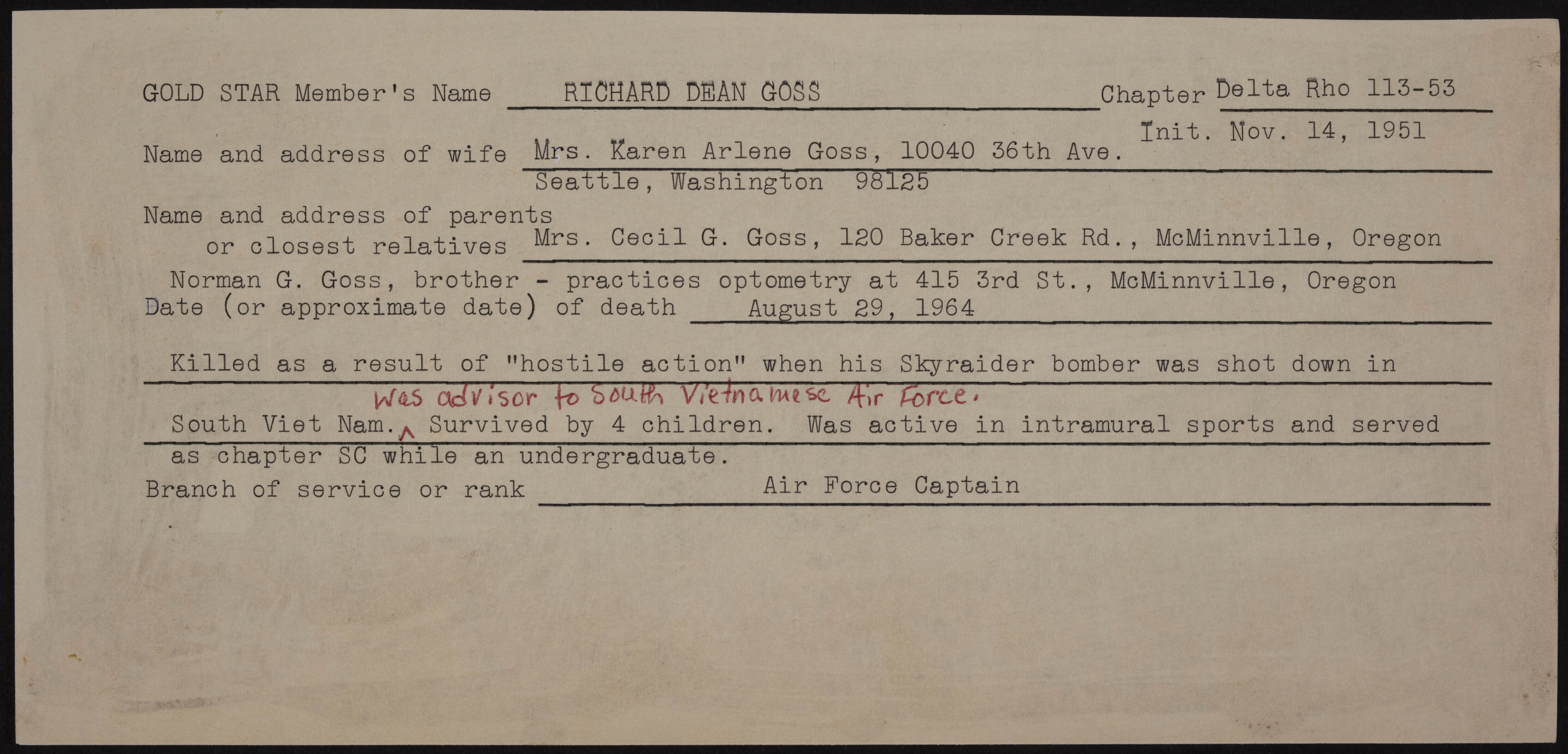 Richard Dean Goss War Record Form
