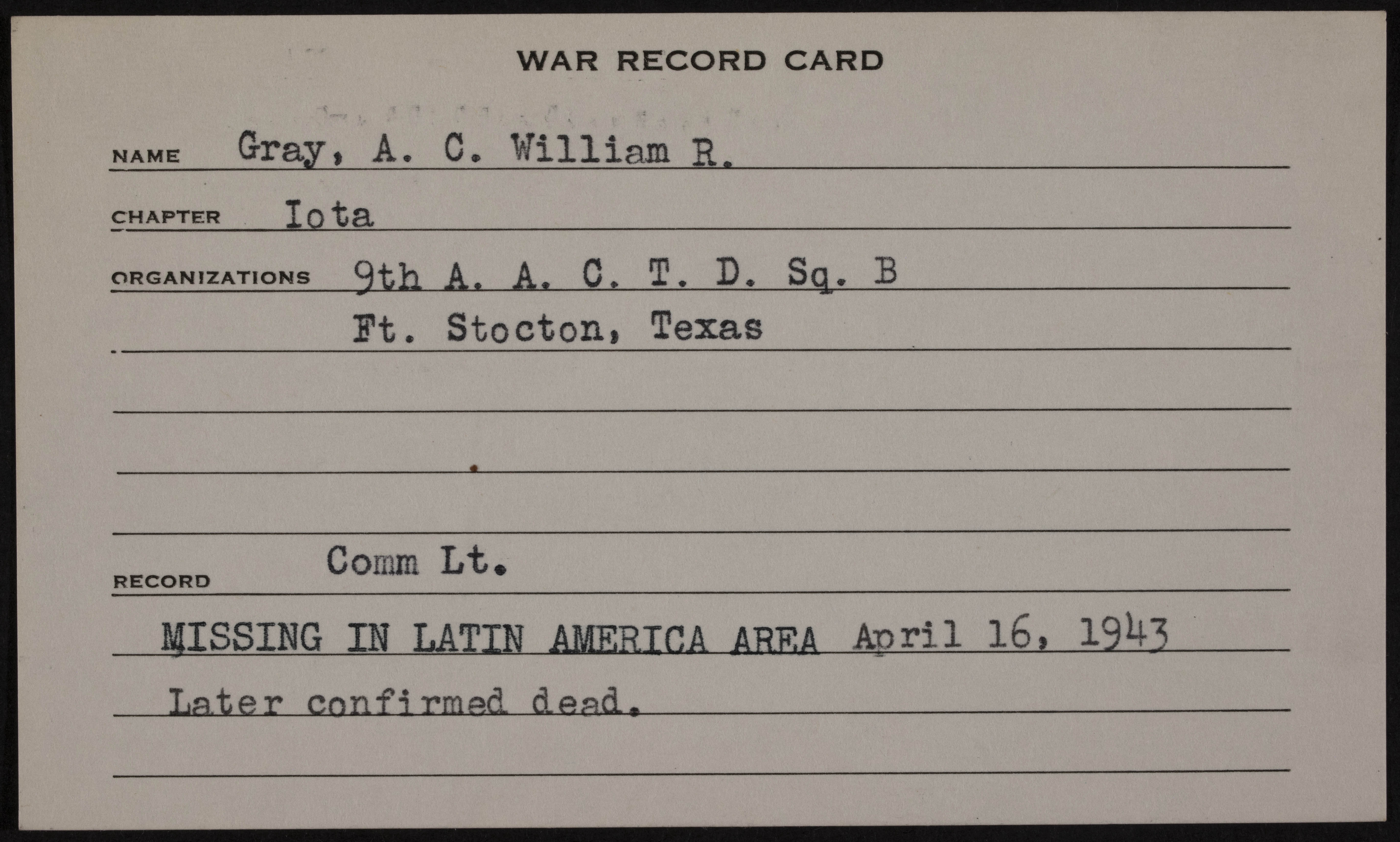 William Robert Gray War Record Card