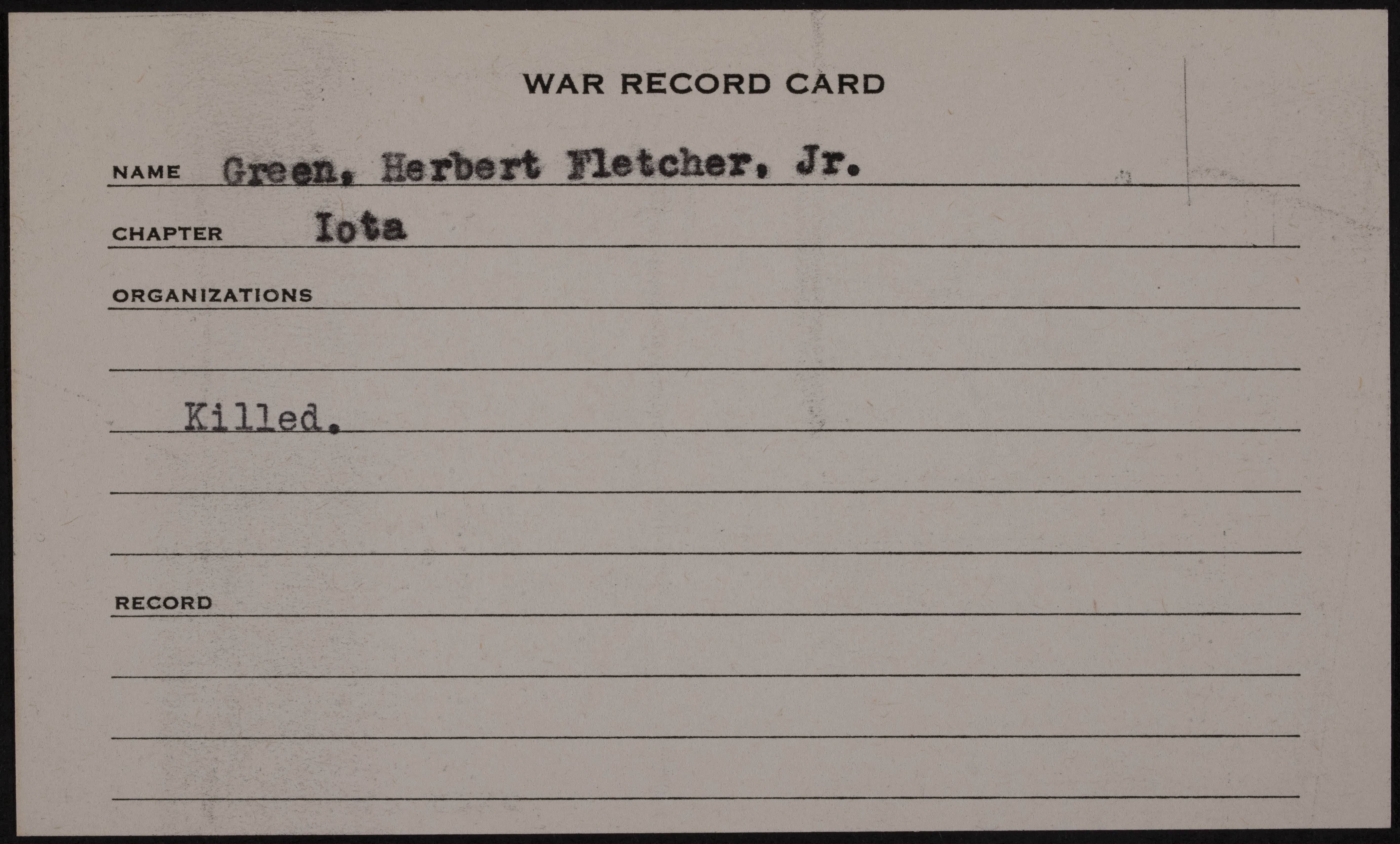 Herbert Fletcher Green Jr. War Record Card