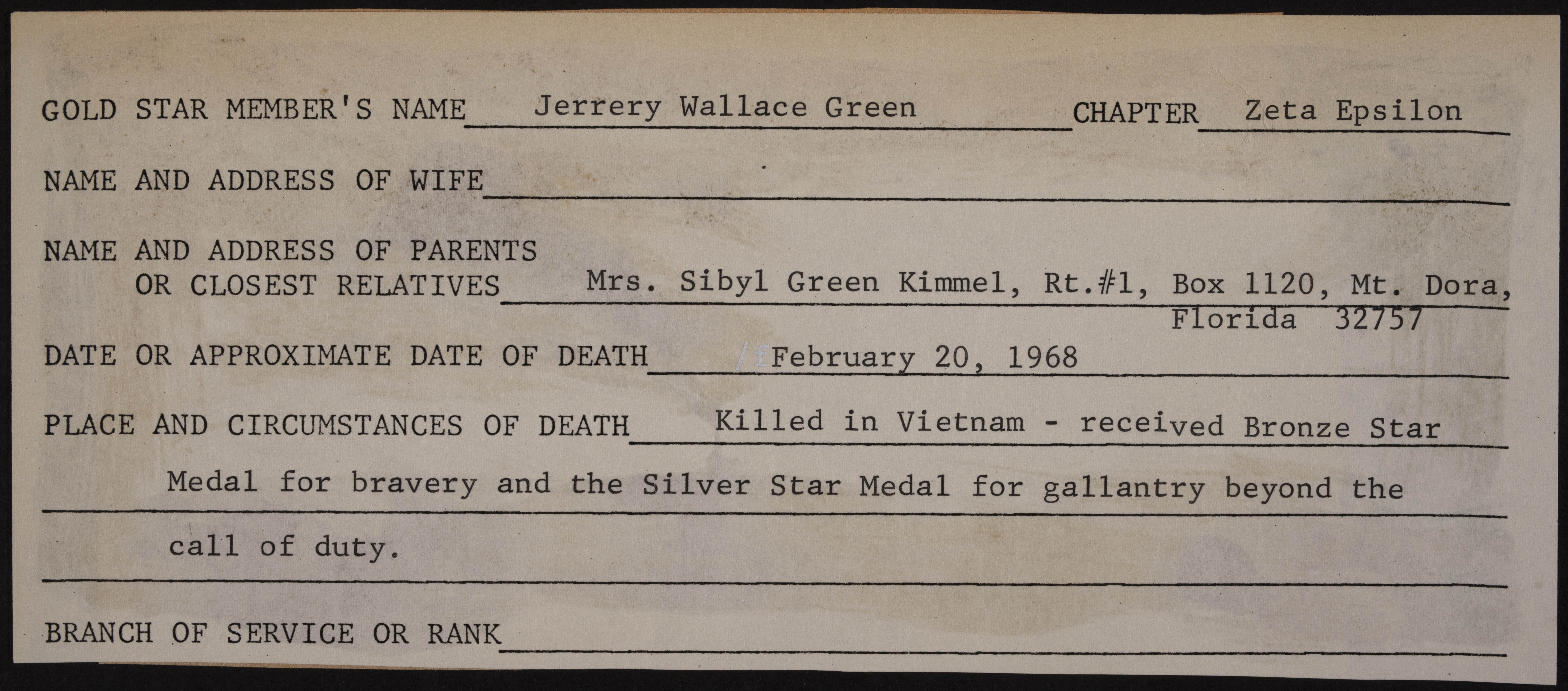 Jeffrey Wallace Green War Record Form