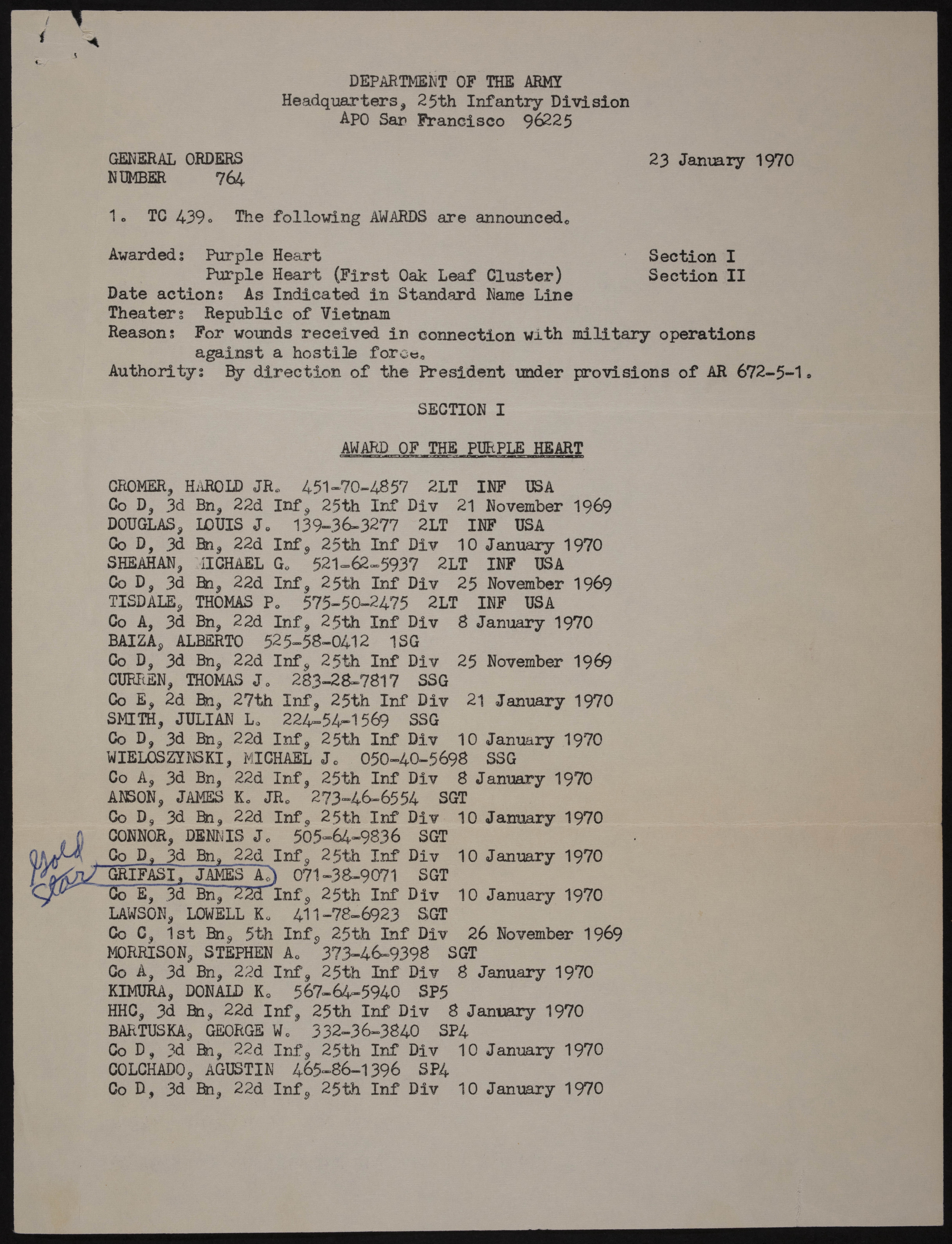 Award of Purple Heart to James Anthony Grifasi Document, January 23, 1970