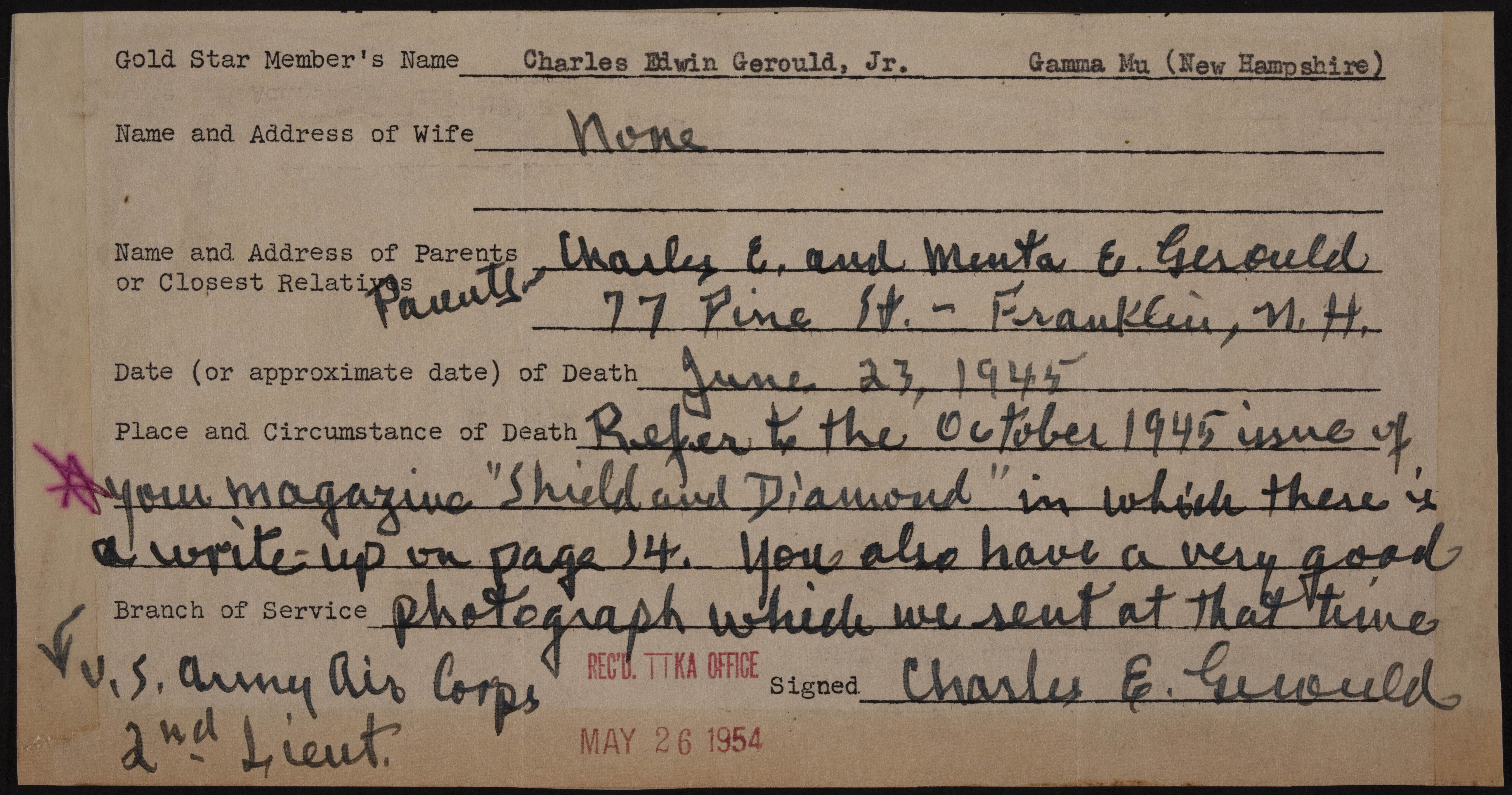 Charles Edwin Gerould Jr. War Record Form, May 26, 1954