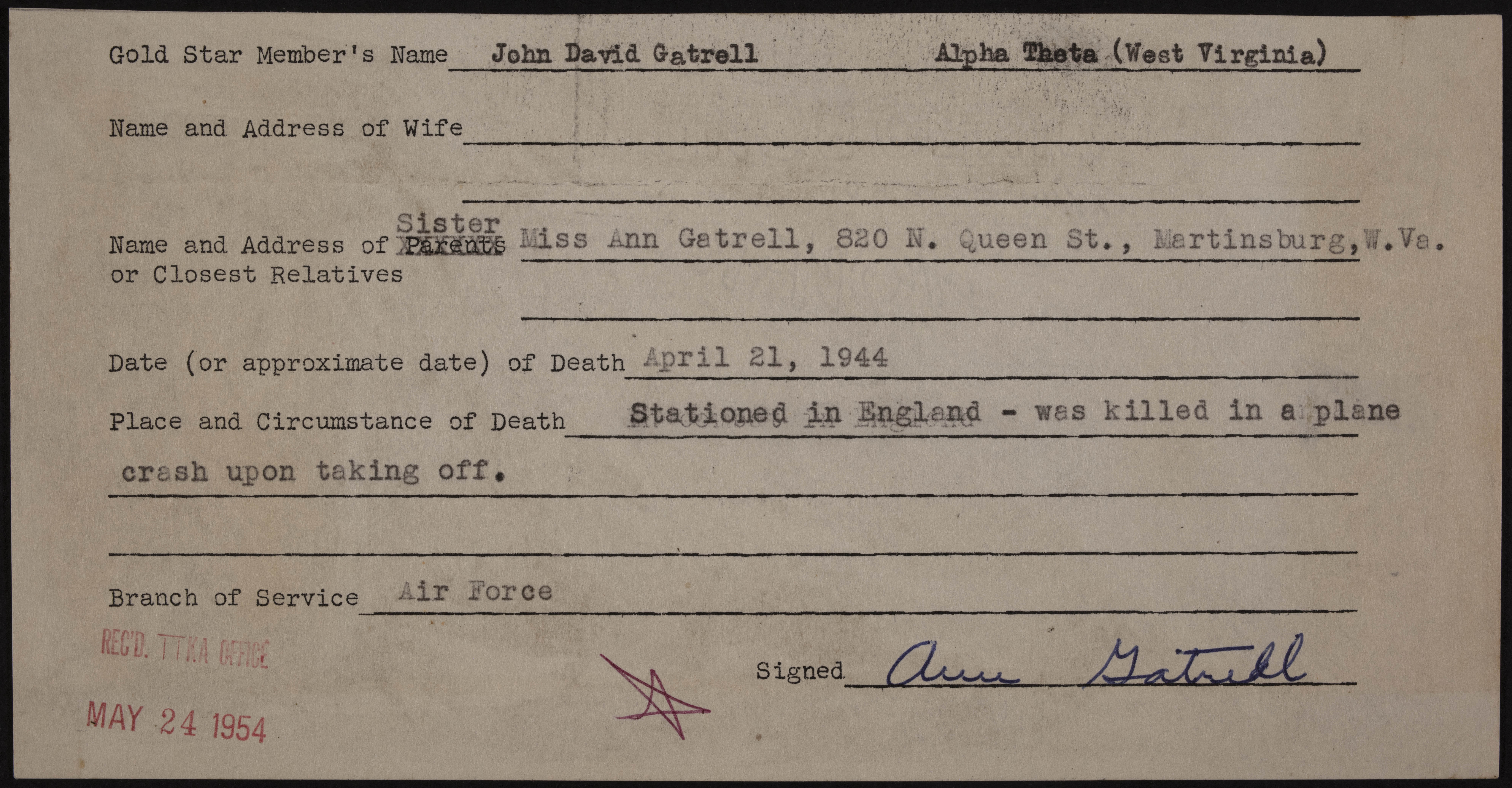 John David Gatrell War Record Form, May 24, 1954