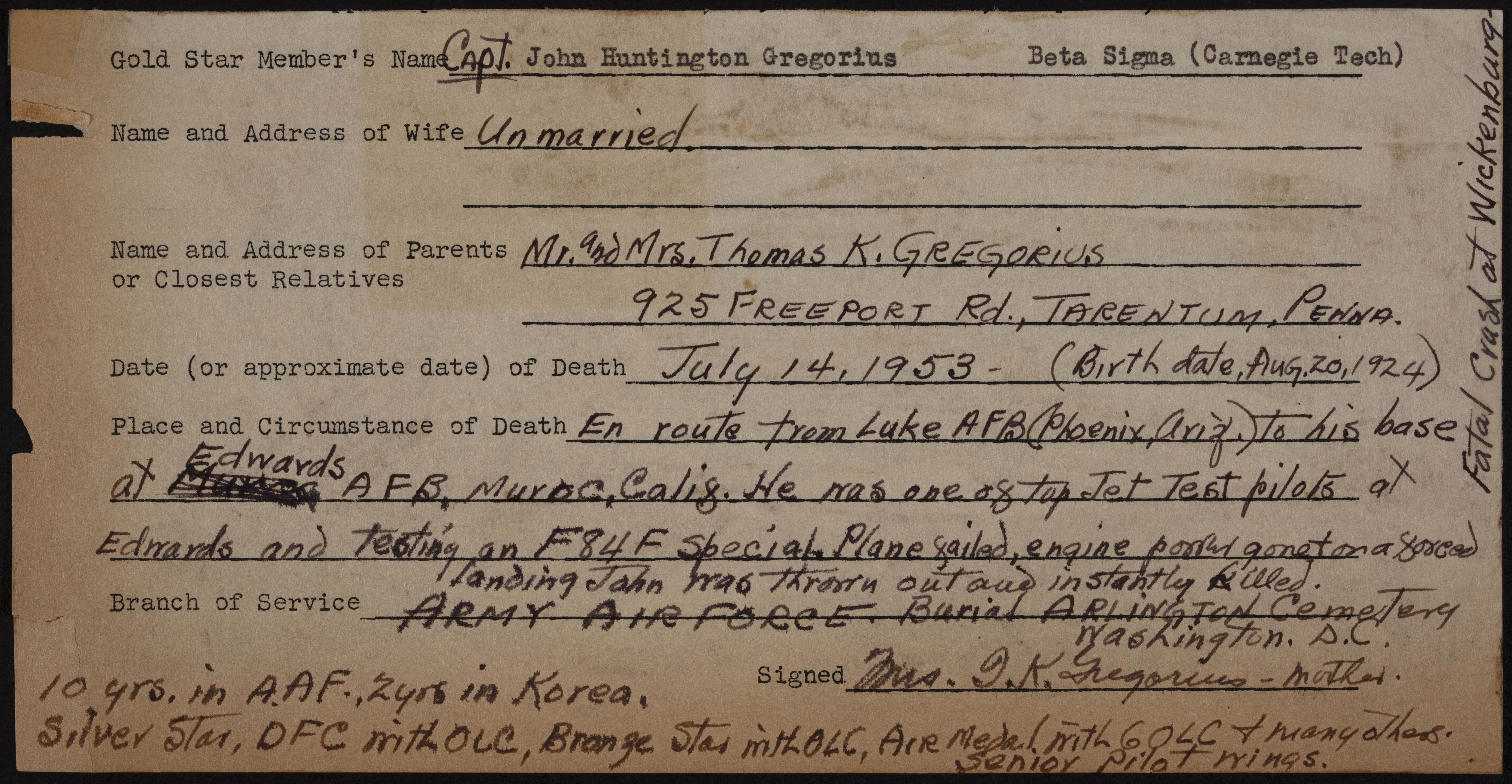 John Huntington Gregorius War Record Form