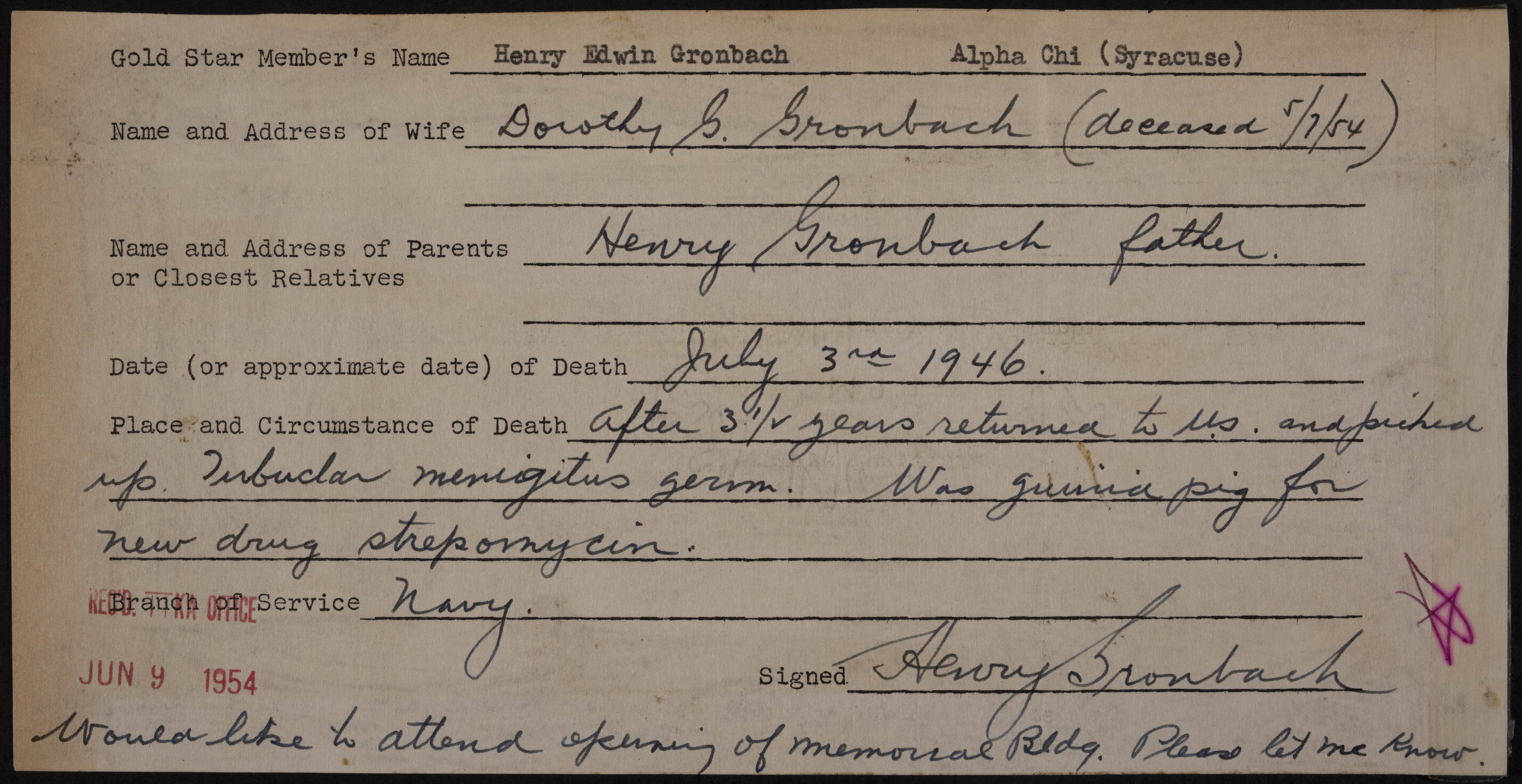 Henry Edwin Gronbach War Record Form, June 9, 1954