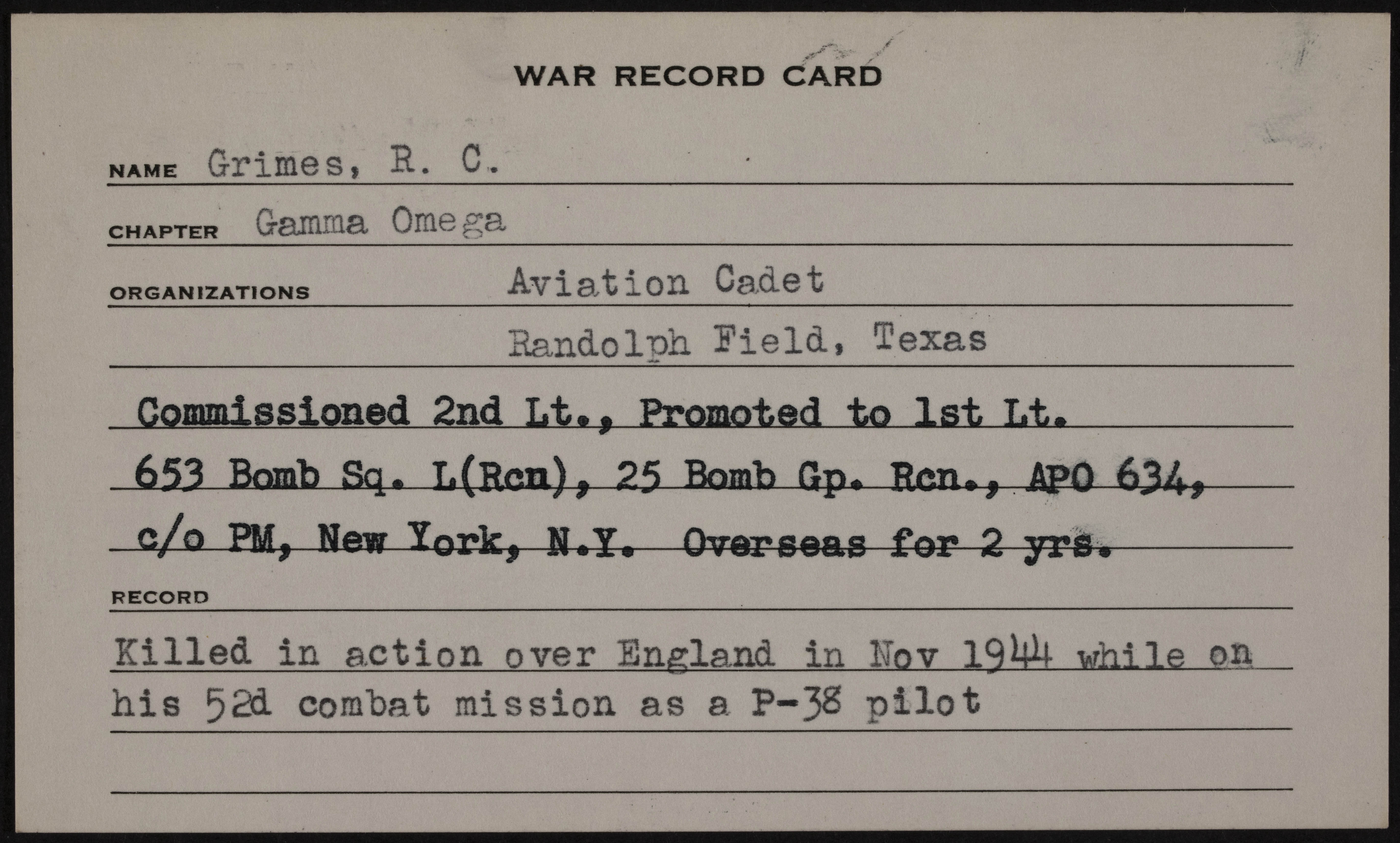 Robert Cecil Grimes War Record Card