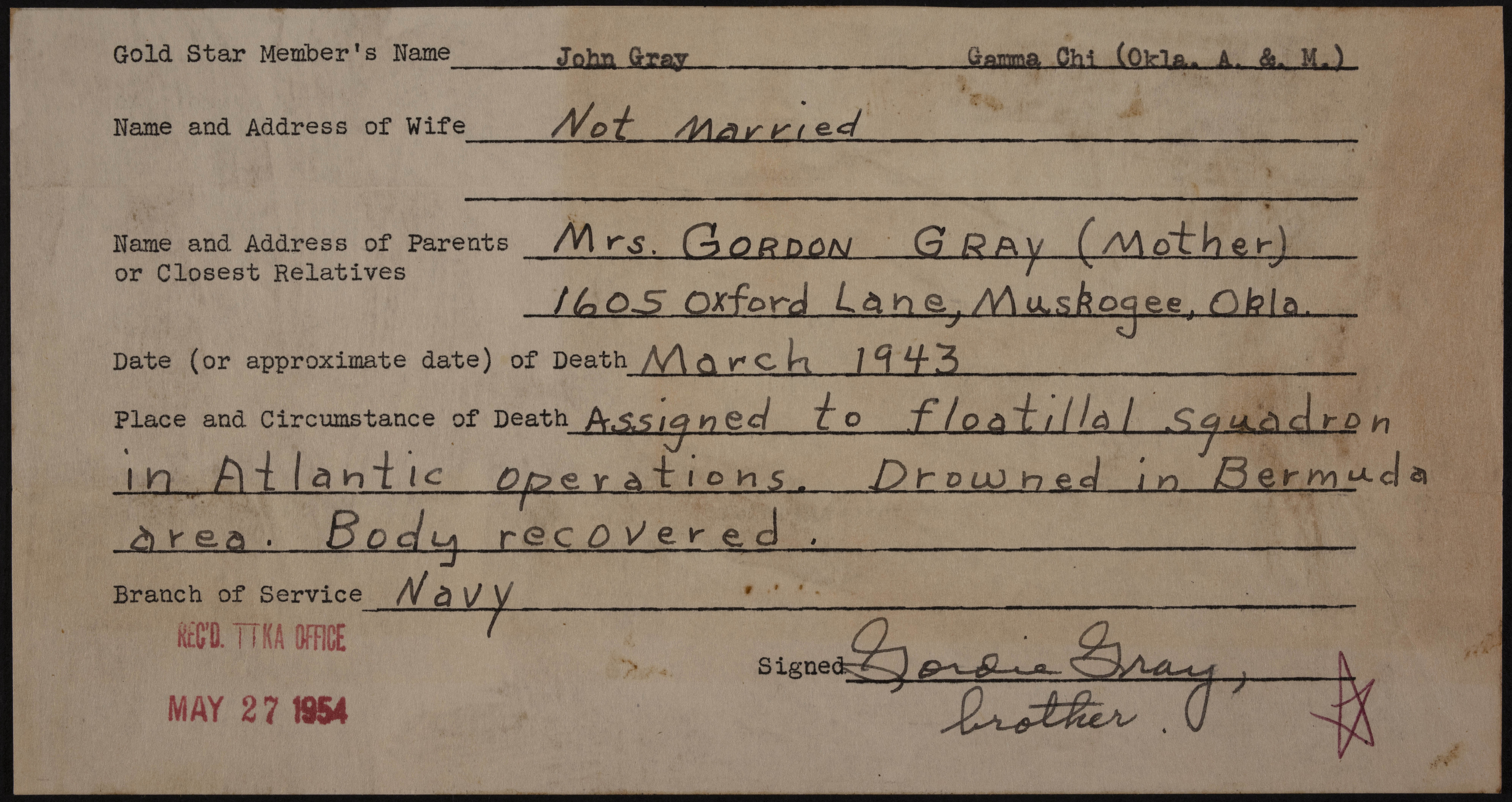 John Gray War Record Form, May 27, 1954
