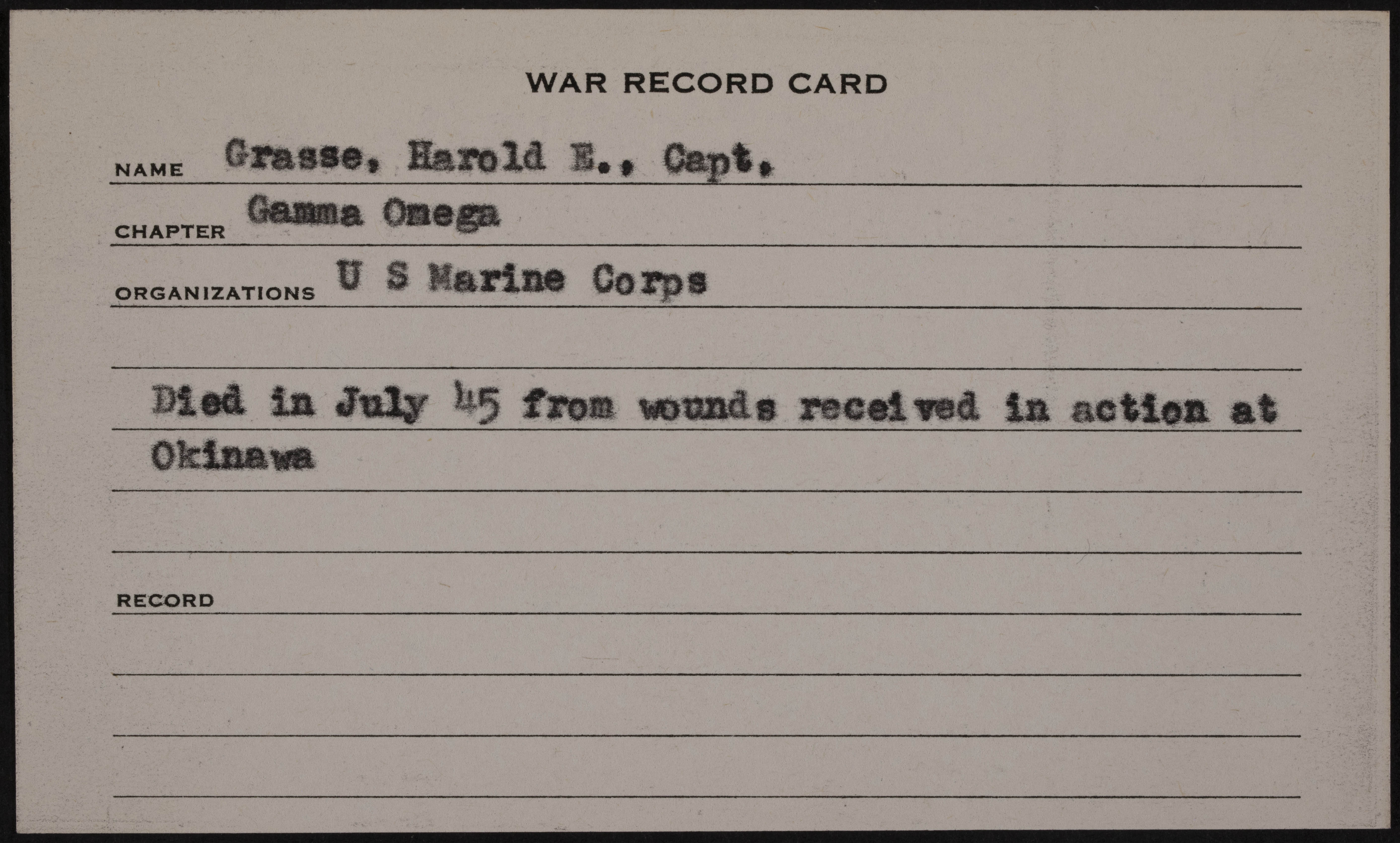 Harold Earl Grasse War Record Card