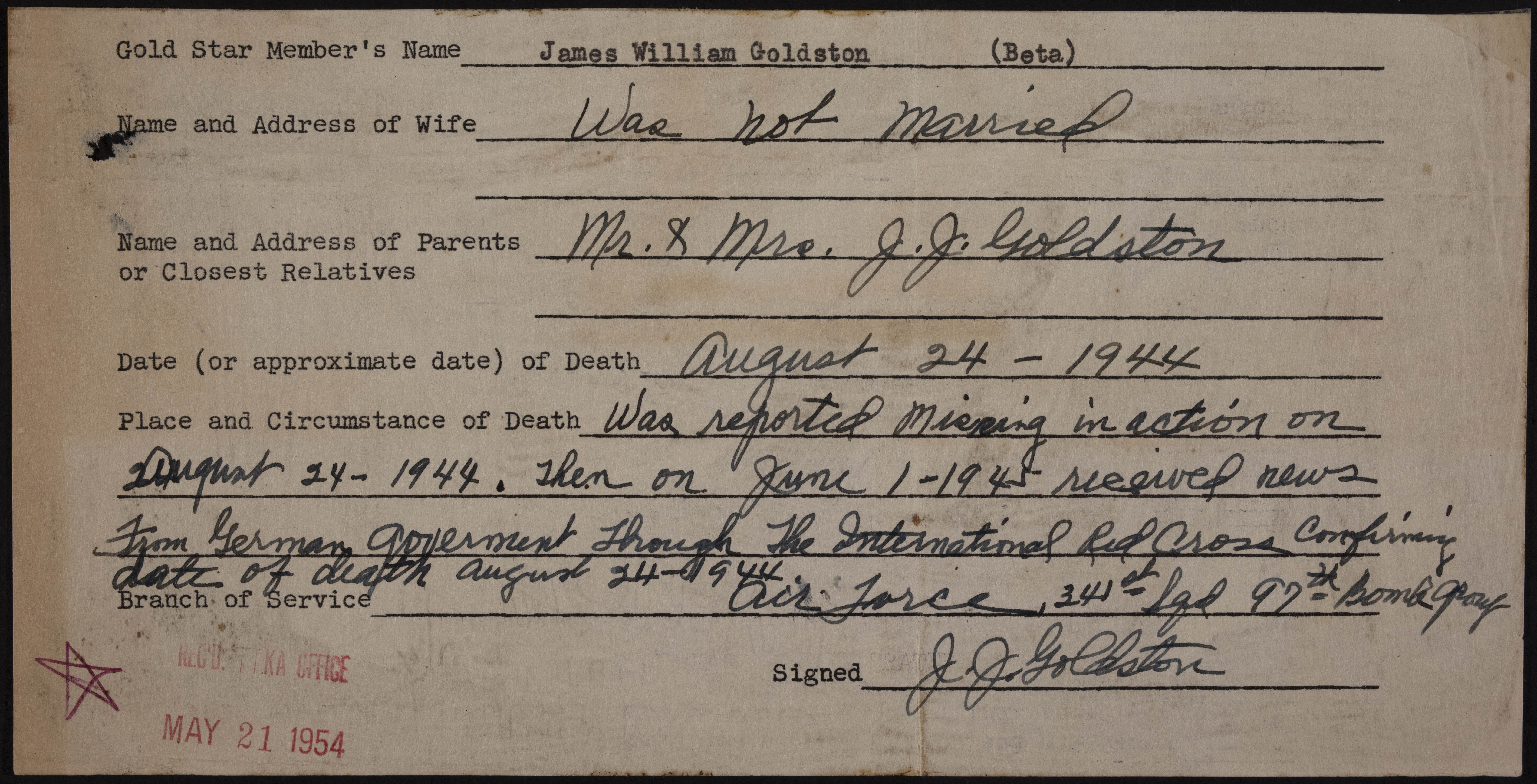 James William Goldston War Record Form, May 21, 1954