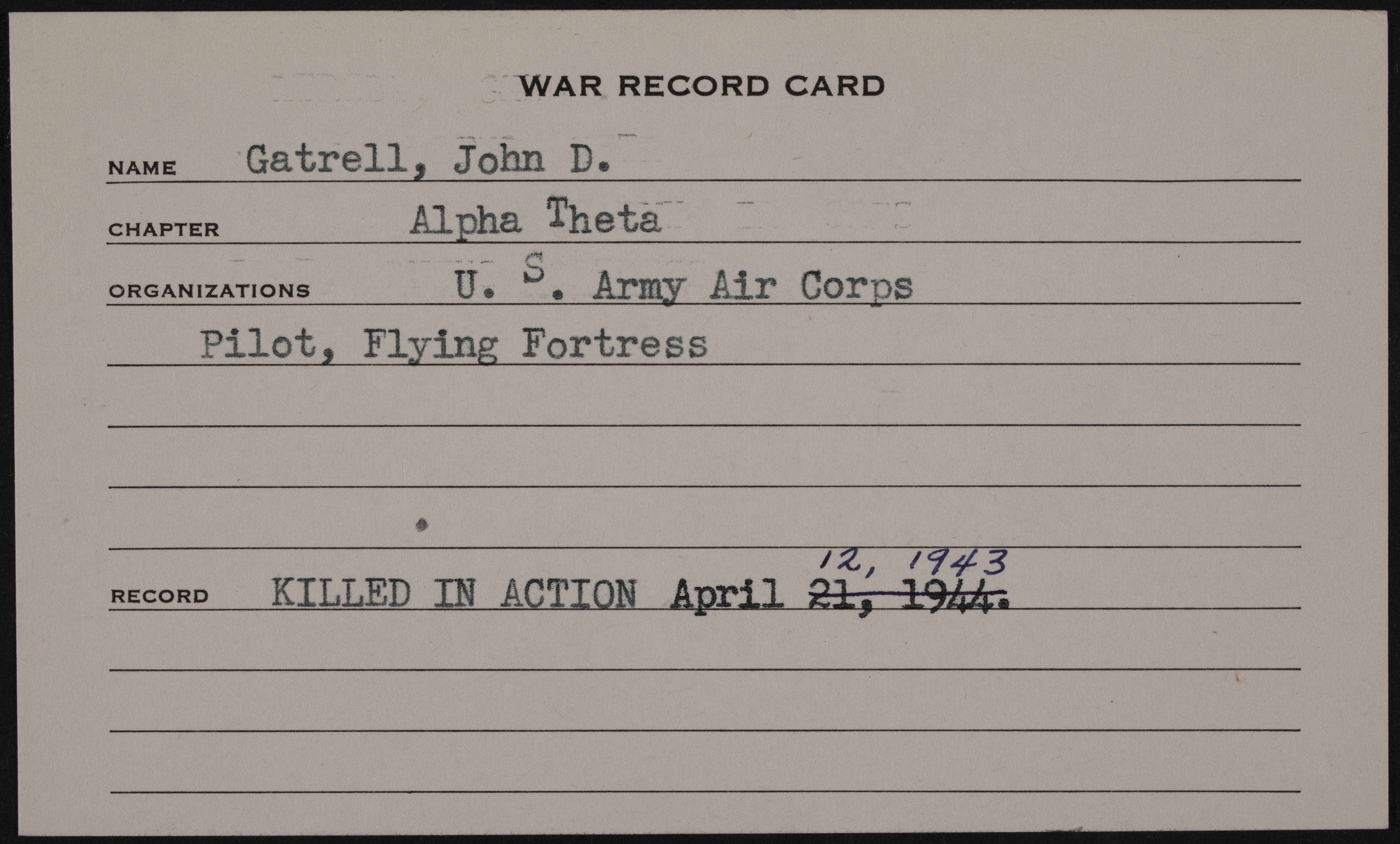 John David Gatrell War Record Card