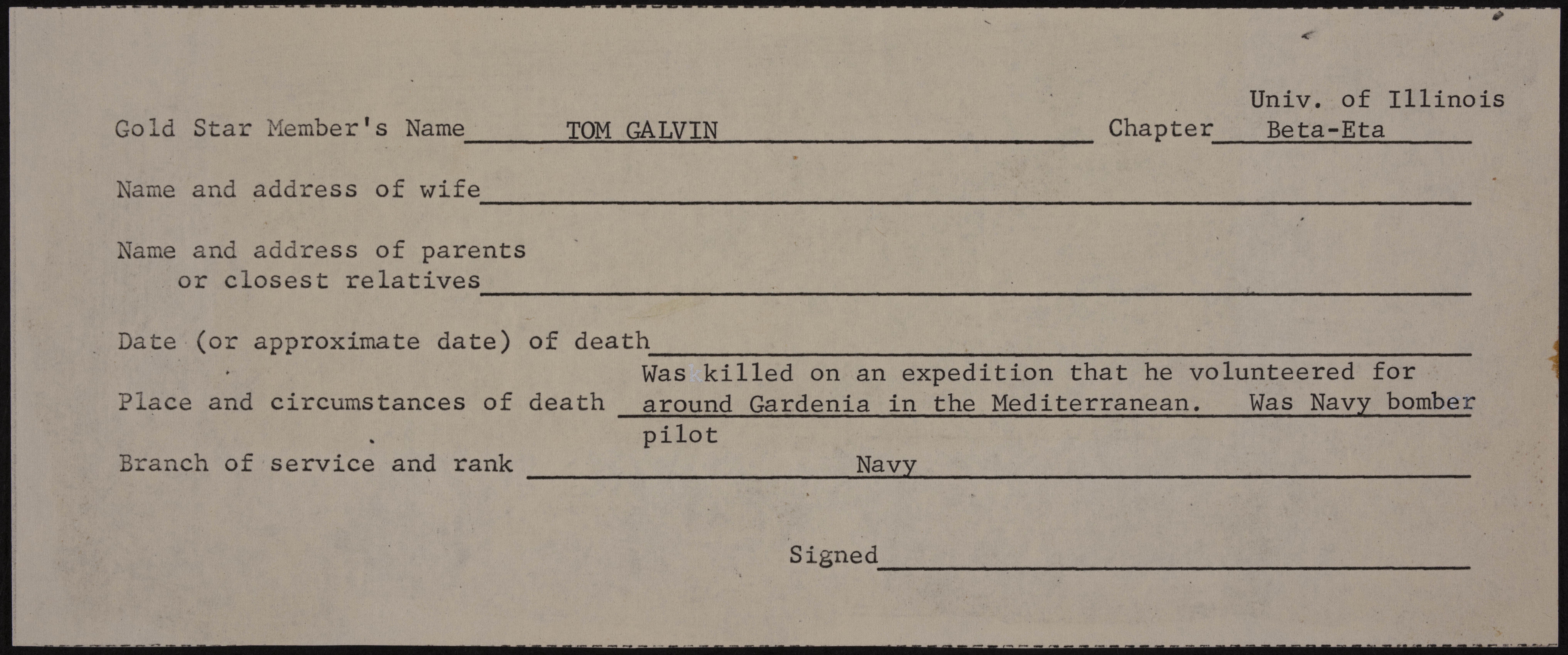 Thomas J. Galvin War Record Form